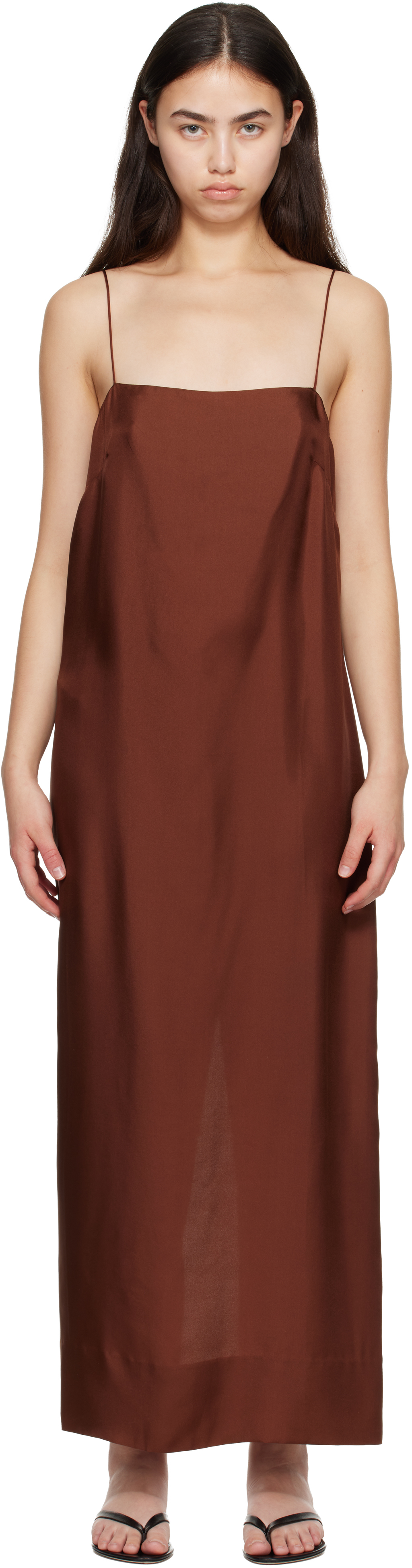 St. Agni Brown 90s Silk Twill Slip Midi Dress