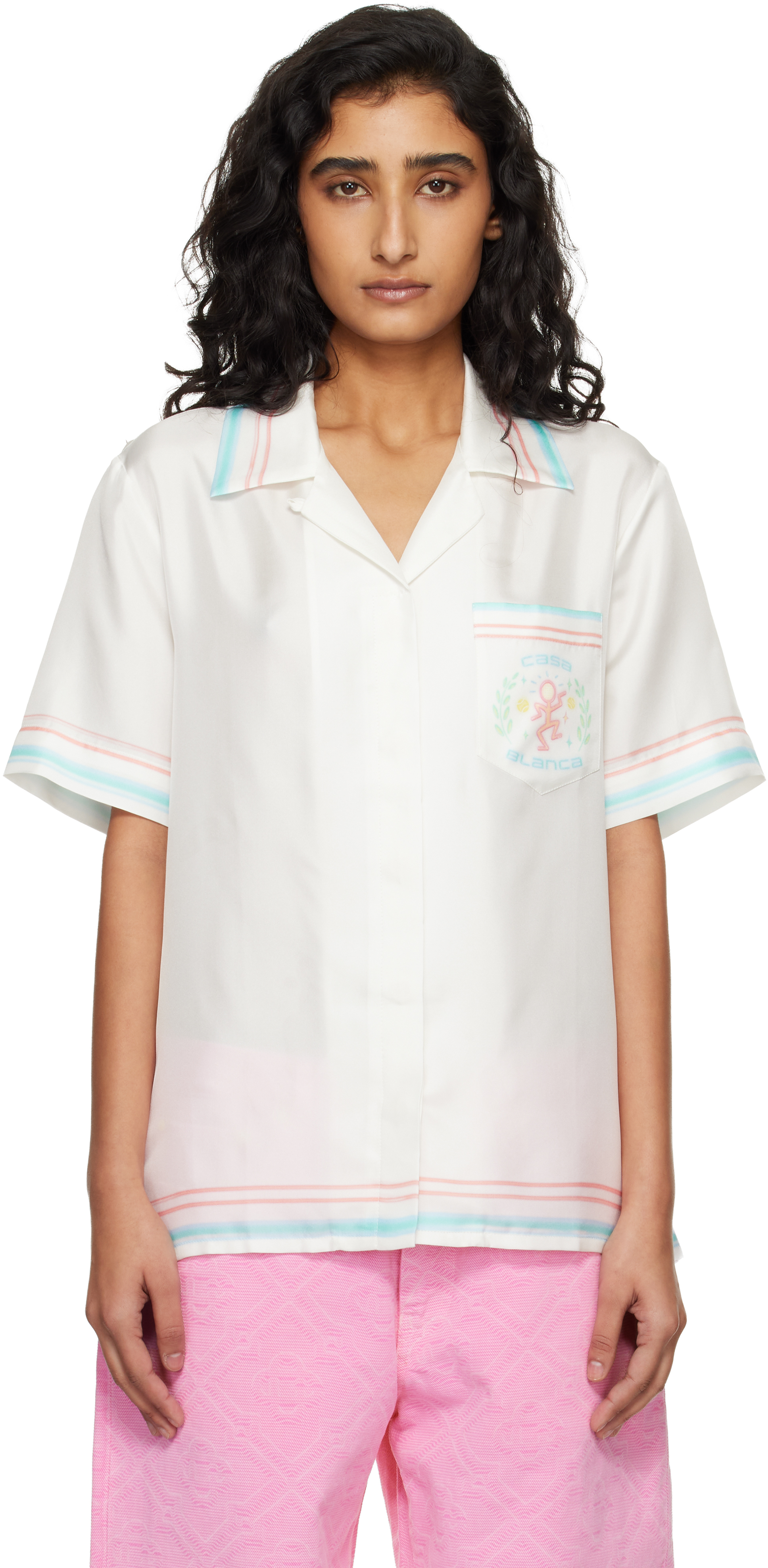 White Dance Joy Cuban Collar Short Sleeve Shirt by Casablanca on Sale