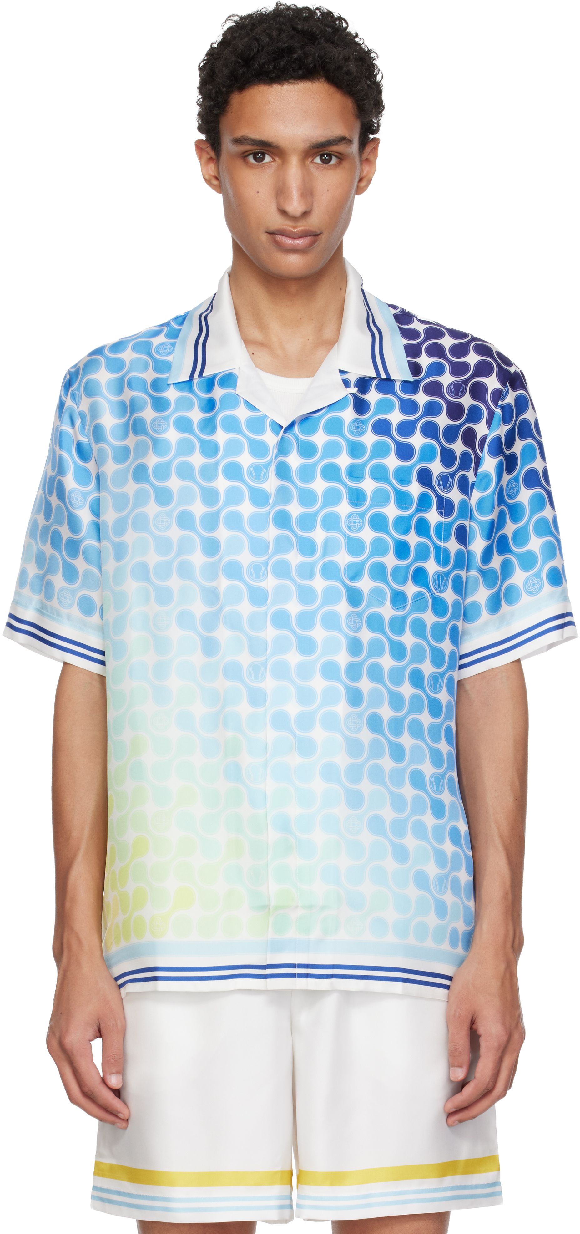 Casablanca Blue Gradient Tennis Tile Short Sleeve Silk Shirt