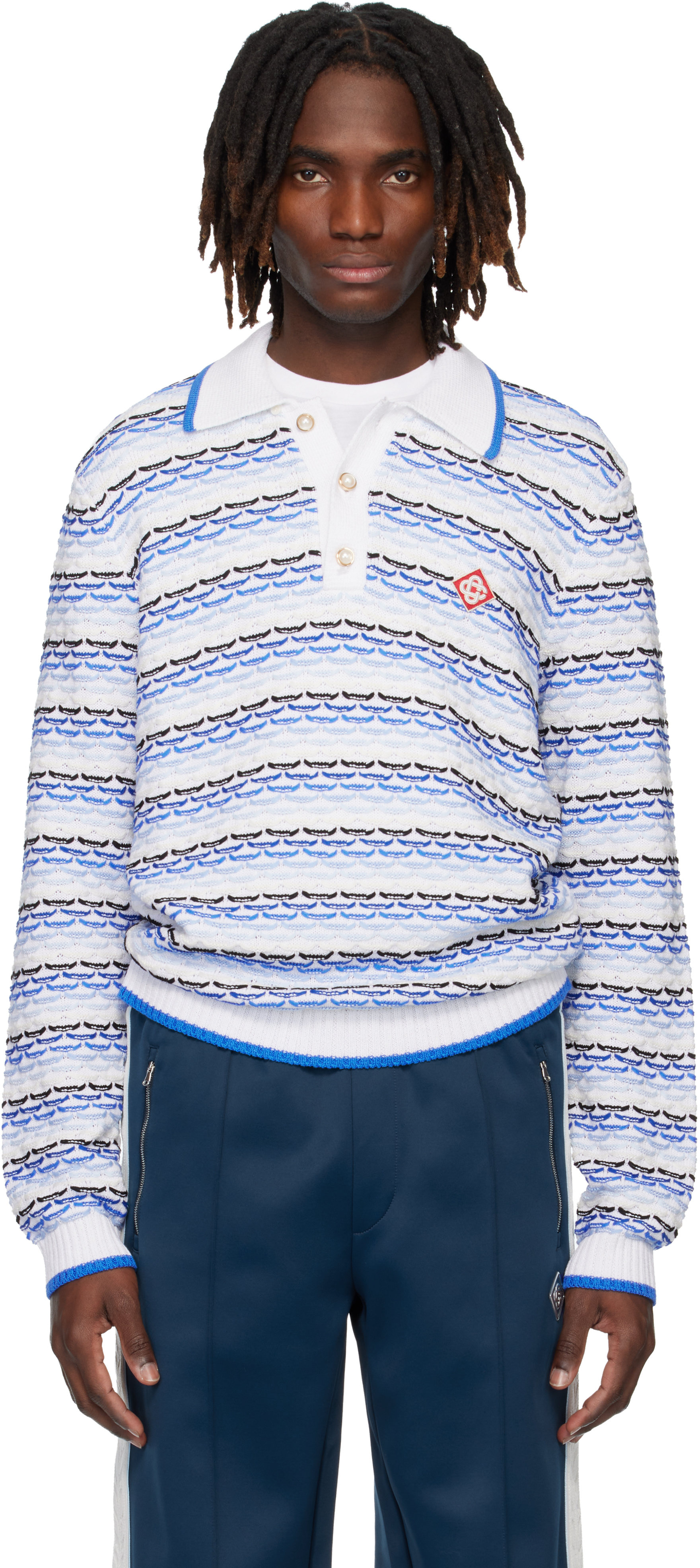 Casablanca White & Blue Tuck Stitch Long Sleeve Polo