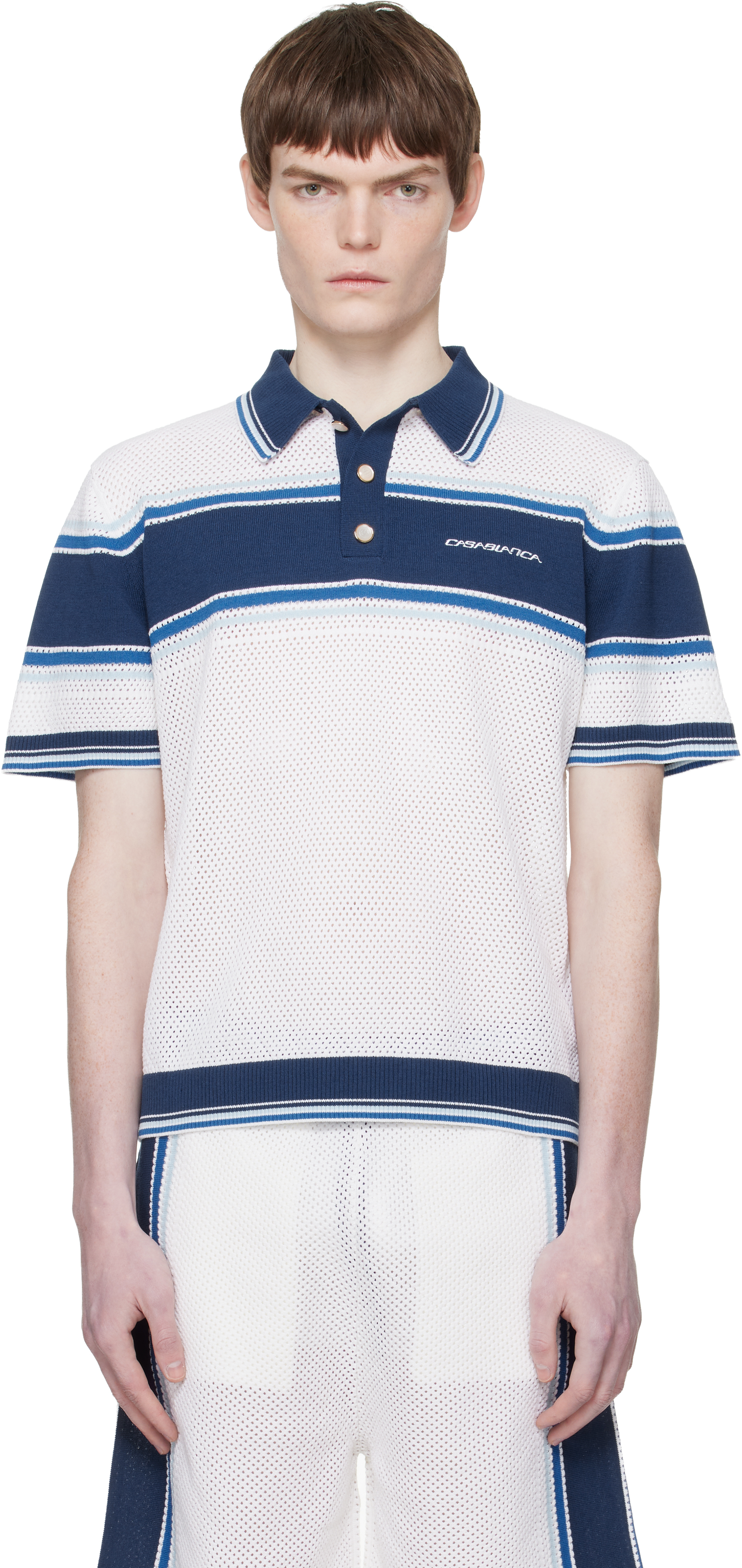 Casablanca White & Blue Striped Mesh Short Sleeve Polo