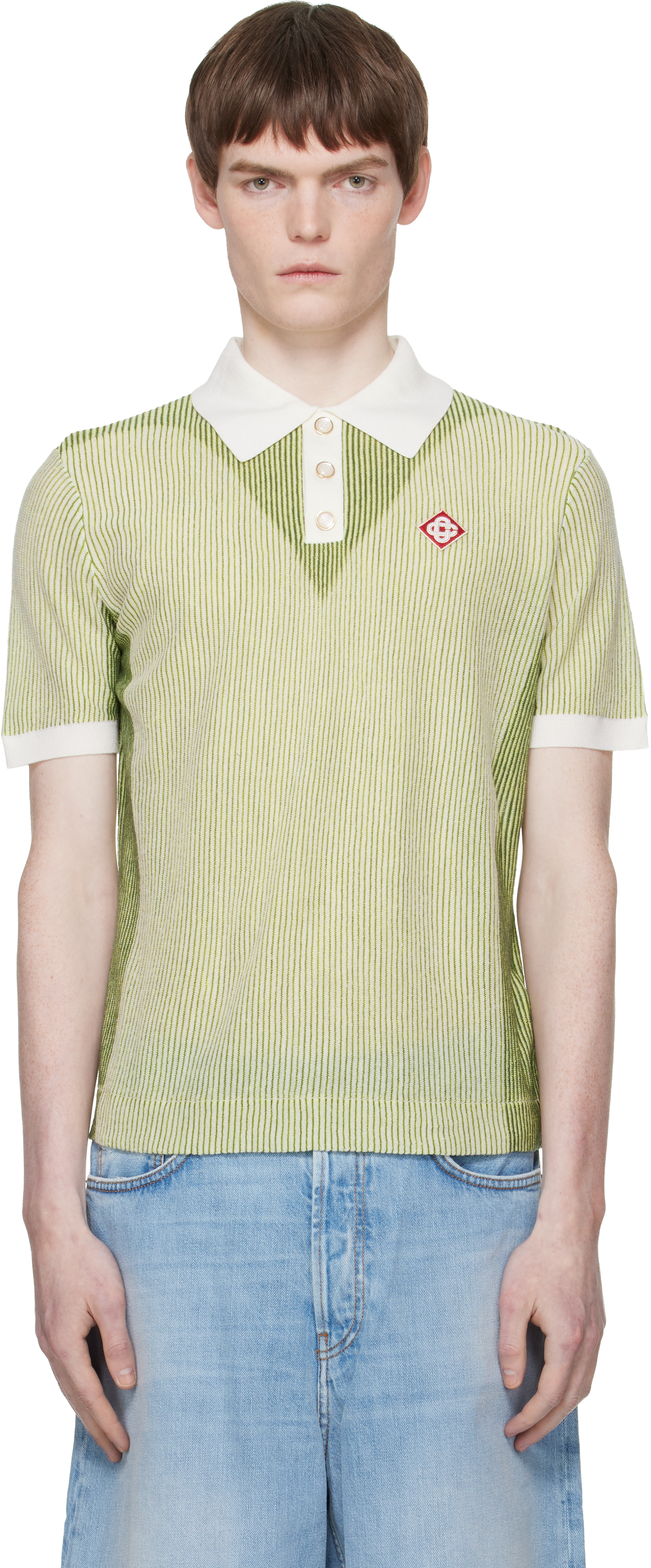 Casablanca: グリーン Vertical Stripe 半袖ニットポロシャツ | SSENSE