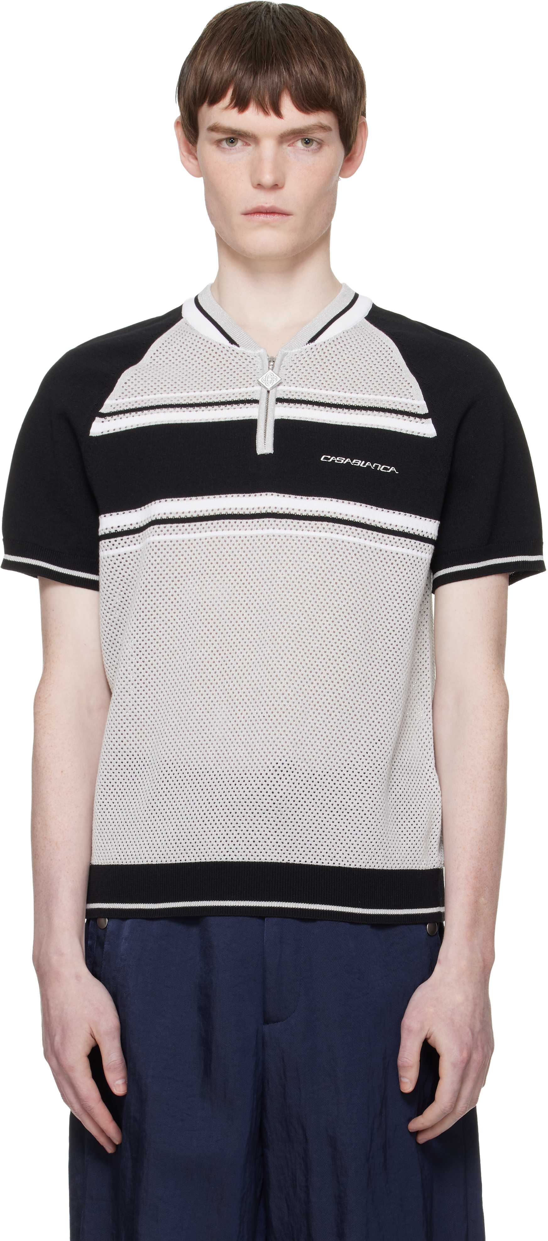 Casablanca: グレー＆ブラック Metallic Mesh Stripe Zip ポロシャツ