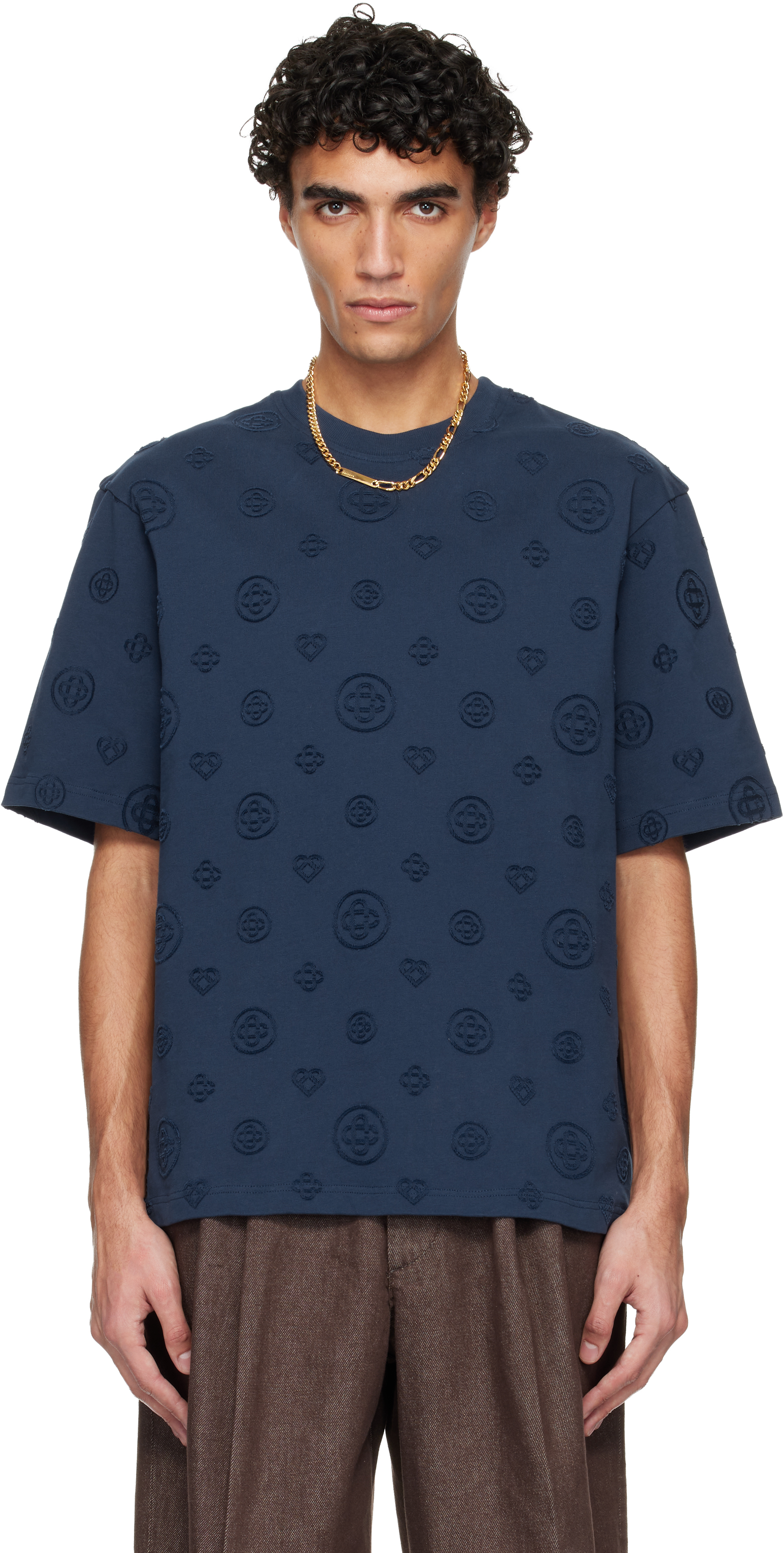 Casablanca Navy Applique Monogram Oversized Short Sleeve T‑shirt
