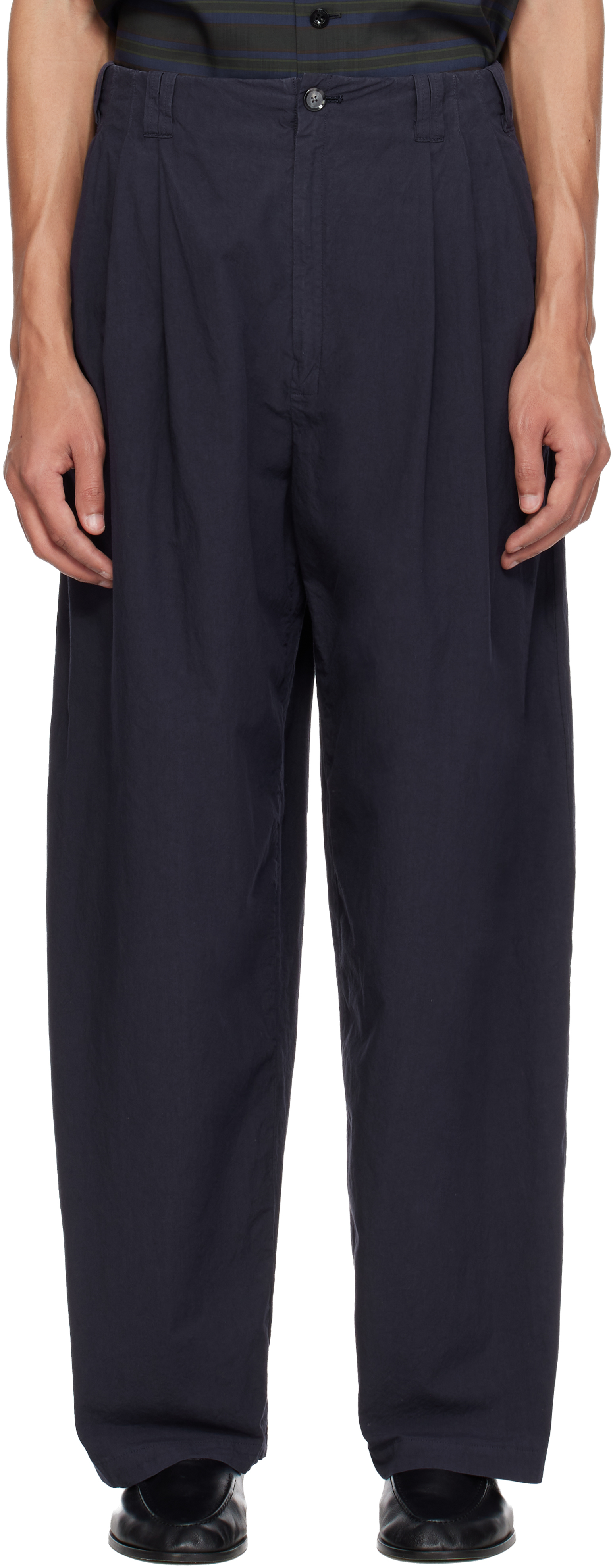 YOKE Navy Cotton Typewriter Garment-dyed 3pleated Tapered Trousers