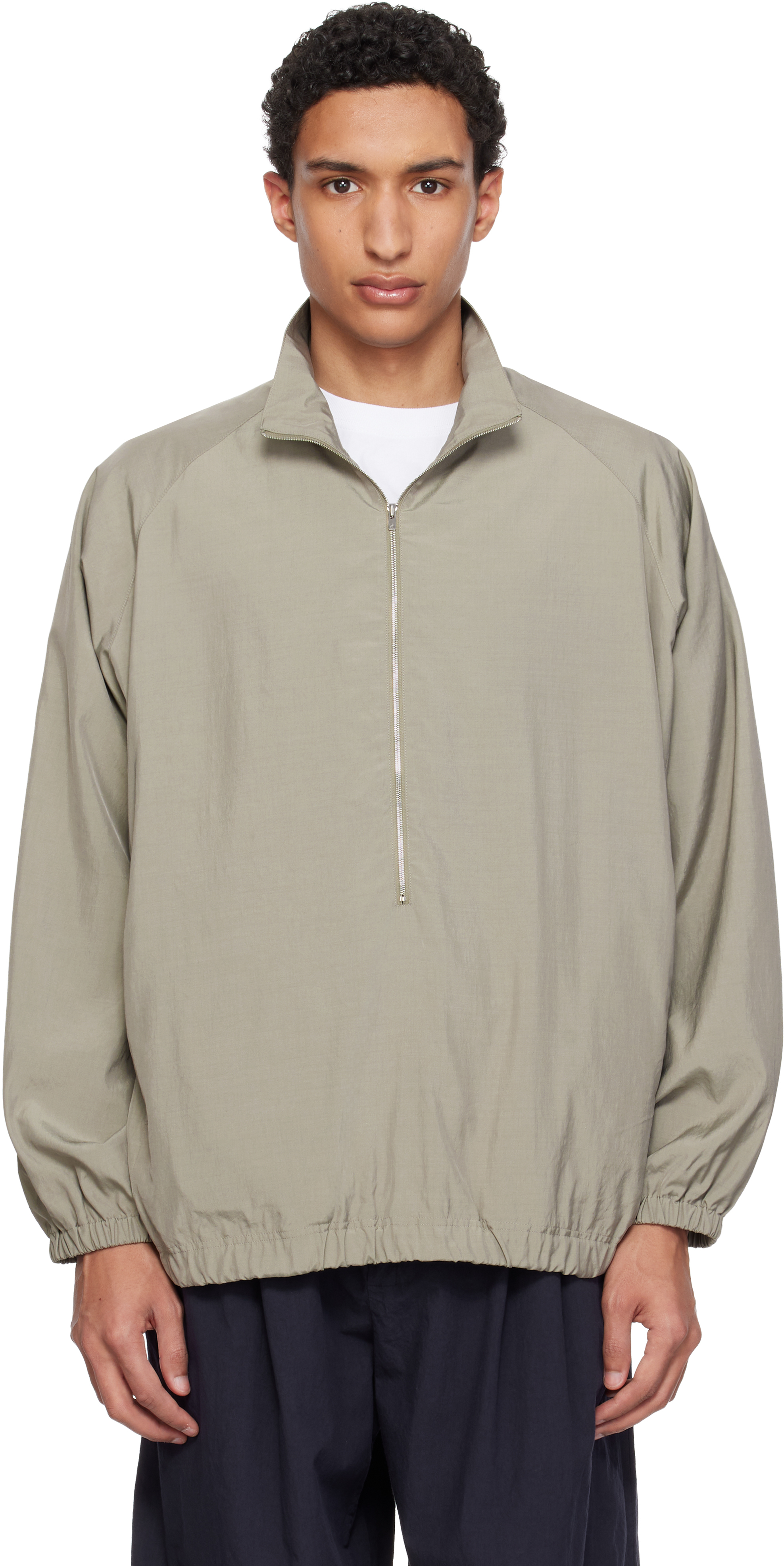 Khaki Silk Nylon 3/4 Zip Pullover Jacket by YOKE on Sale