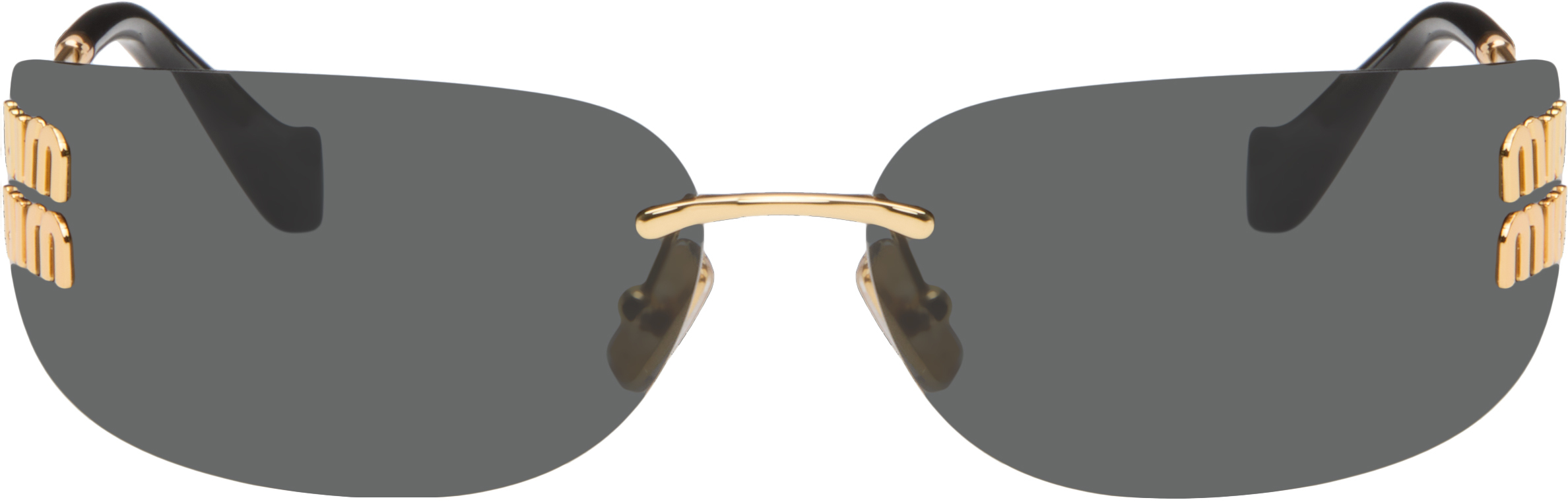 Miu Miu Aube Black Lensed Rimless Sunglasses with Gold Logo 100% Authentic. Miu Miu Metal Aube Sunglasses SMUA51 Gold Light Grey 1854900  main image 3
