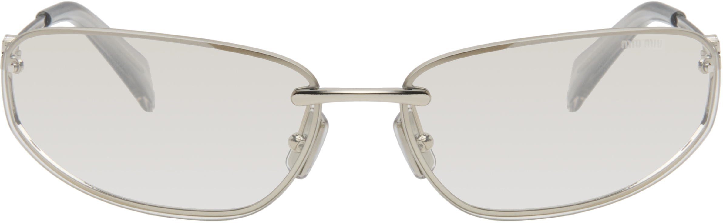 Miu Miu Silver Rimless Metal Oval Sunglasses In Metallic