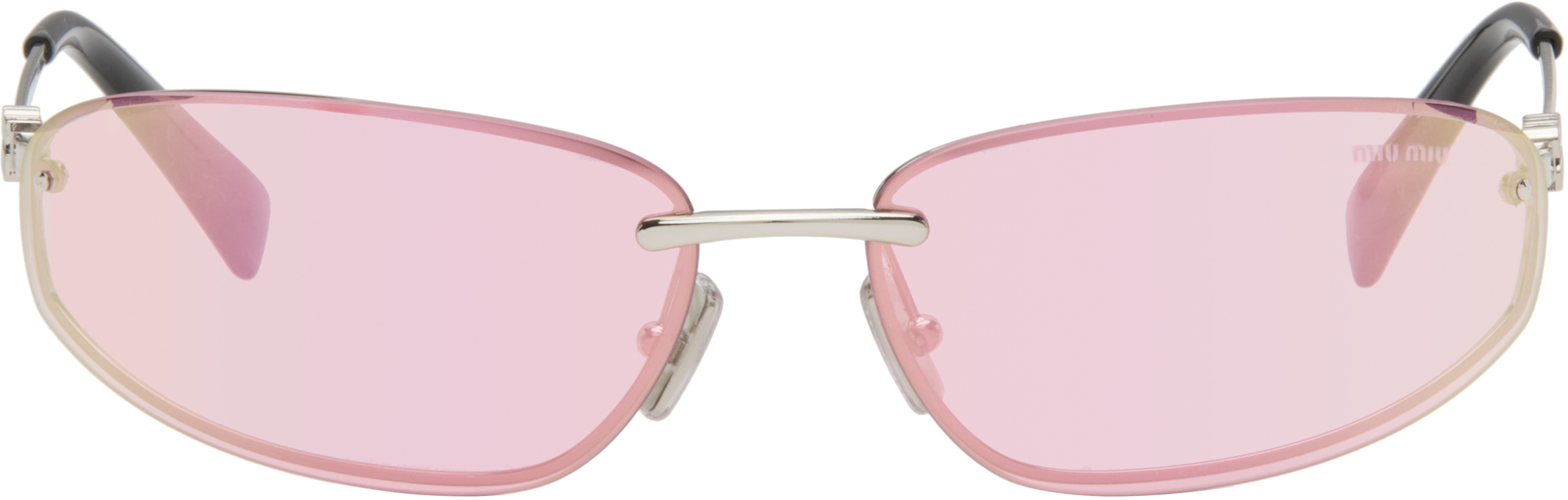 Miu Miu Eyewearのピンク リムレス メタル オーバルサングラスがセール中