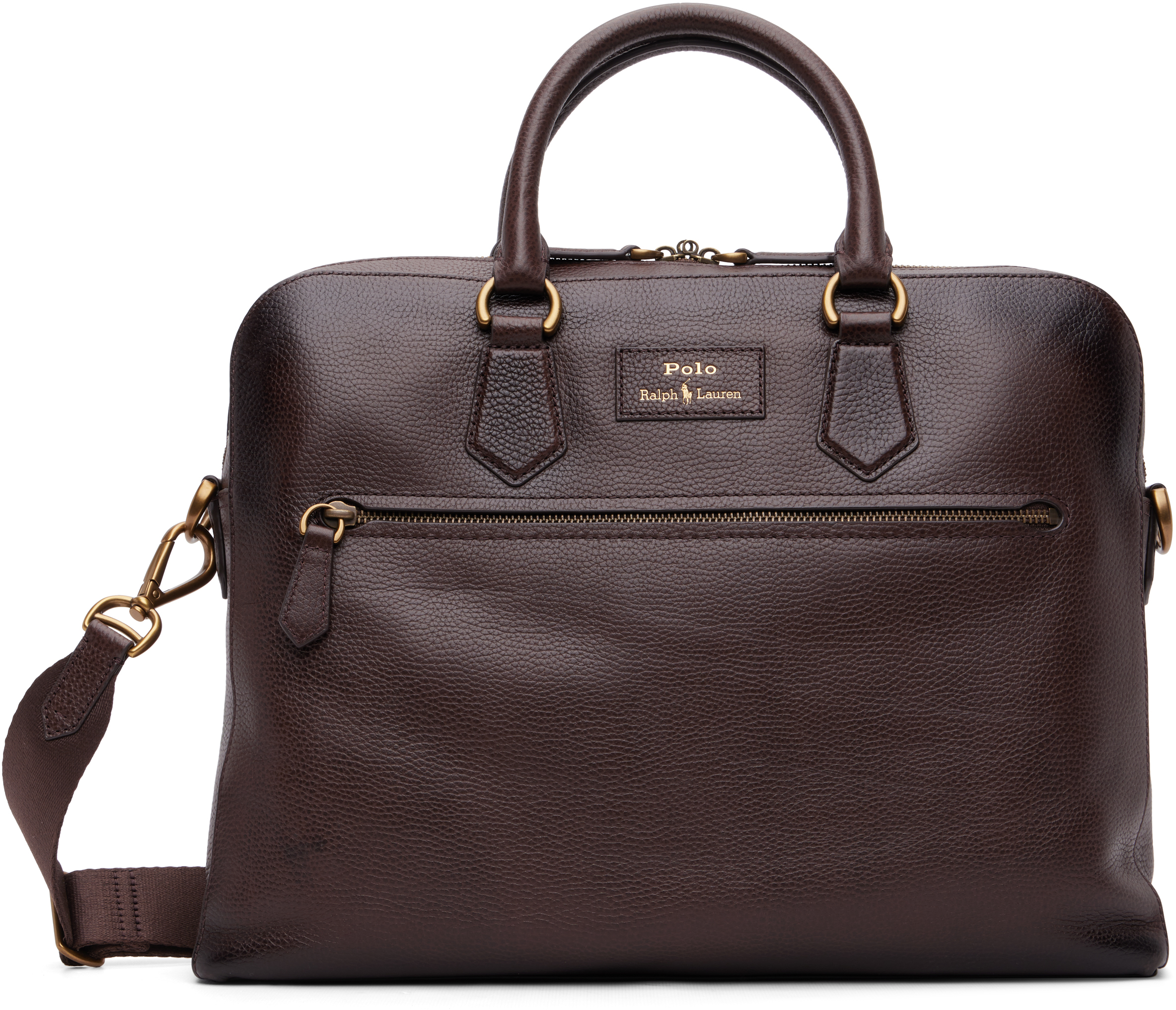 Polo Ralph Lauren: Brown Pebbled Leather Commuter Briefcase | SSENSE