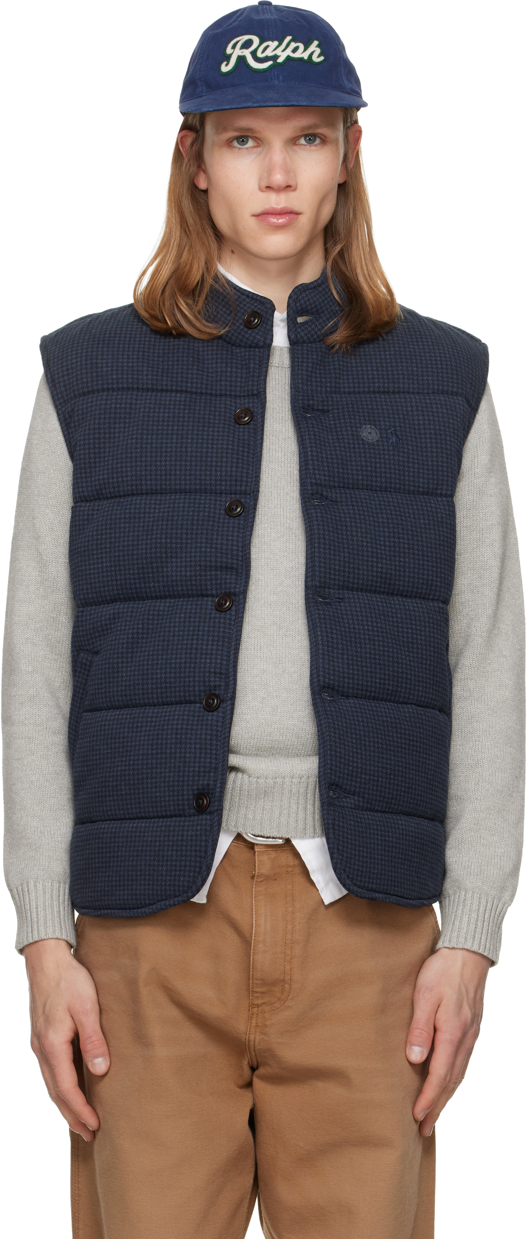 Polo Ralph Lauren: ネイビー Houndstooth-Print Estate-Rib ベスト 