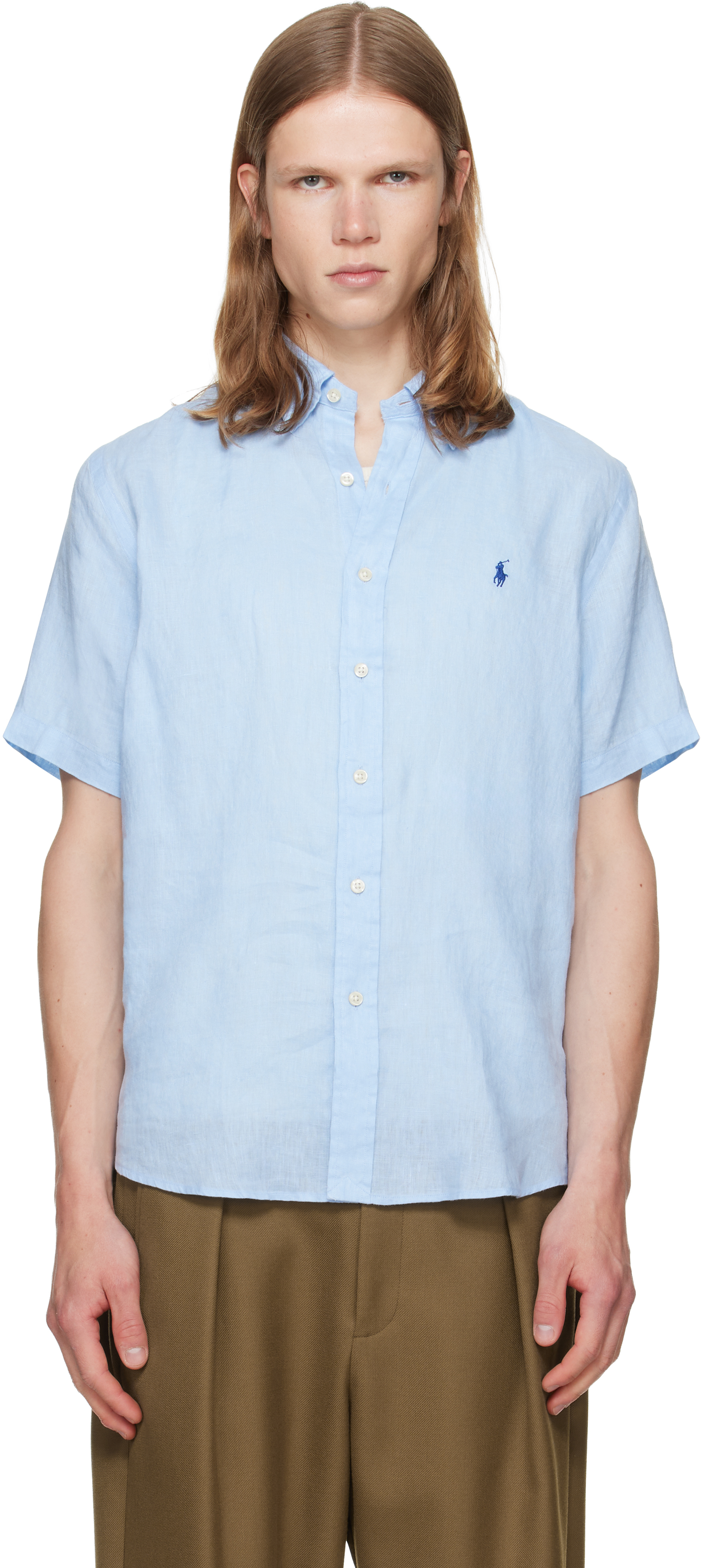 トップス POLO RALPH LAUREN SHORT SLEEVE SHIRT Blue Linen Short Sleeve Sport Shirt by Polo Ralph Lauren on Sale