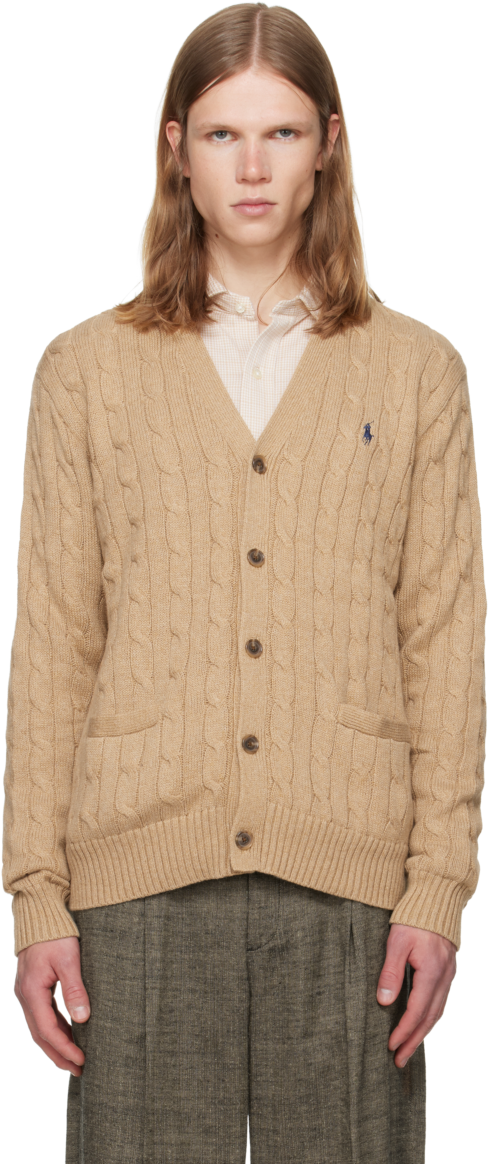 Polo Ralph Lauren: Tan Cable-Knit Cotton Cardigan | SSENSE