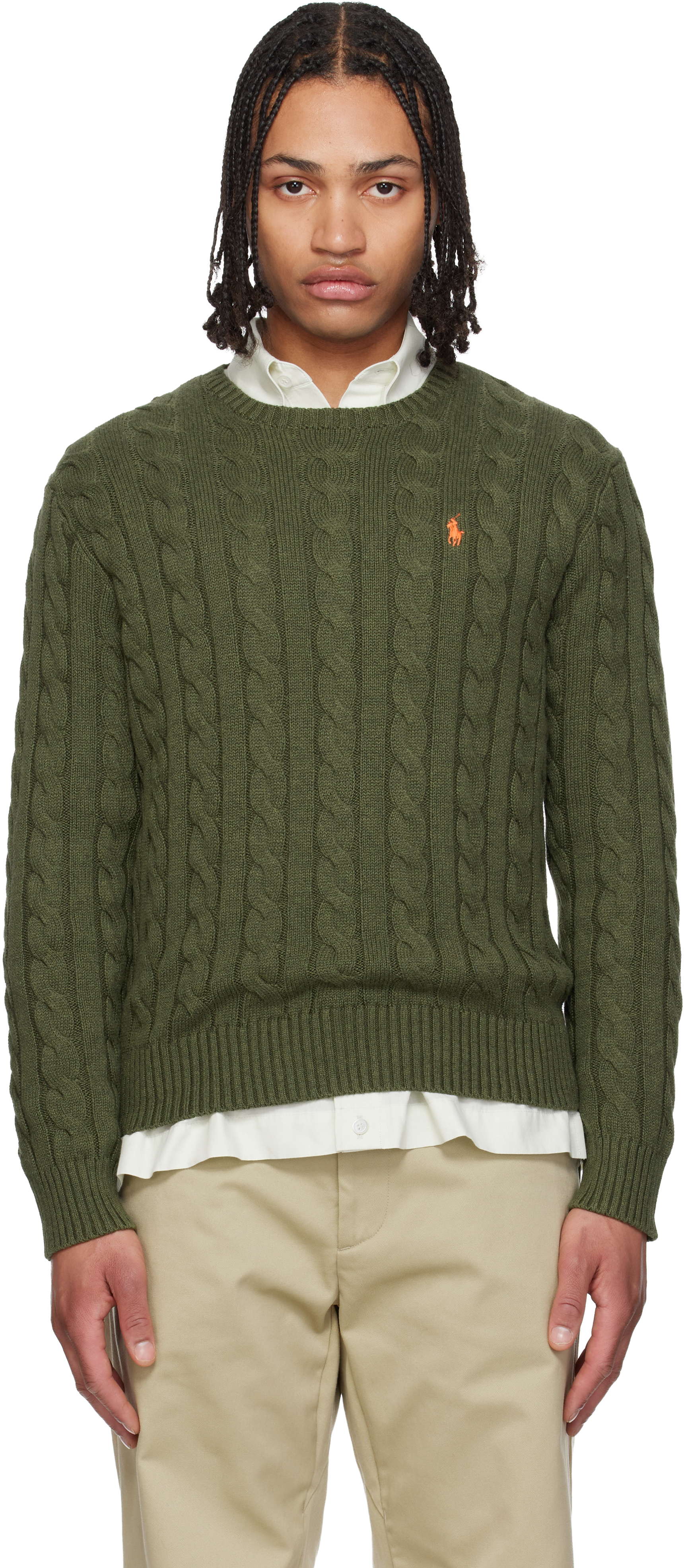 Polo Ralph Lauren: Khaki Cable-Knit Cotton Sweater | SSENSE Canada