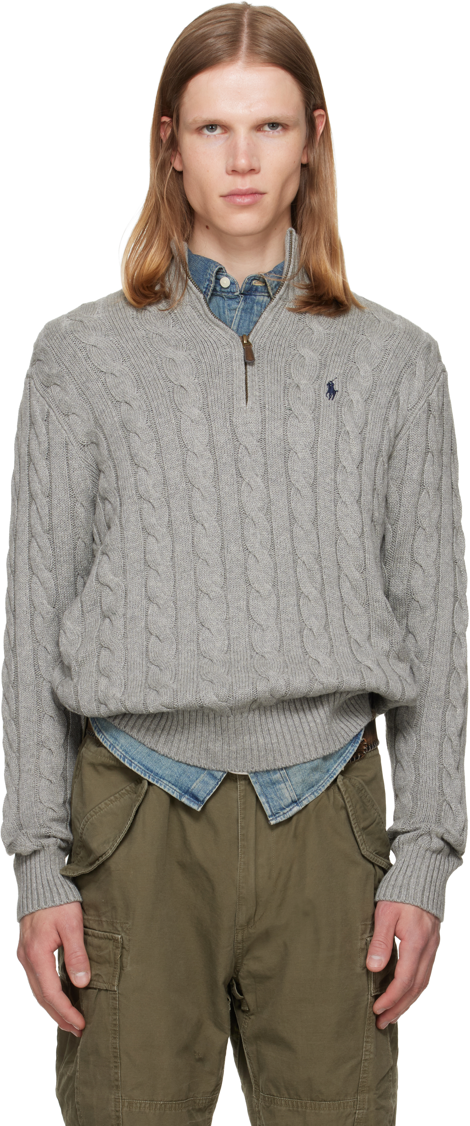 Polo Ralph Laurenのグレー ケーブルニット コットン ハーフジップ