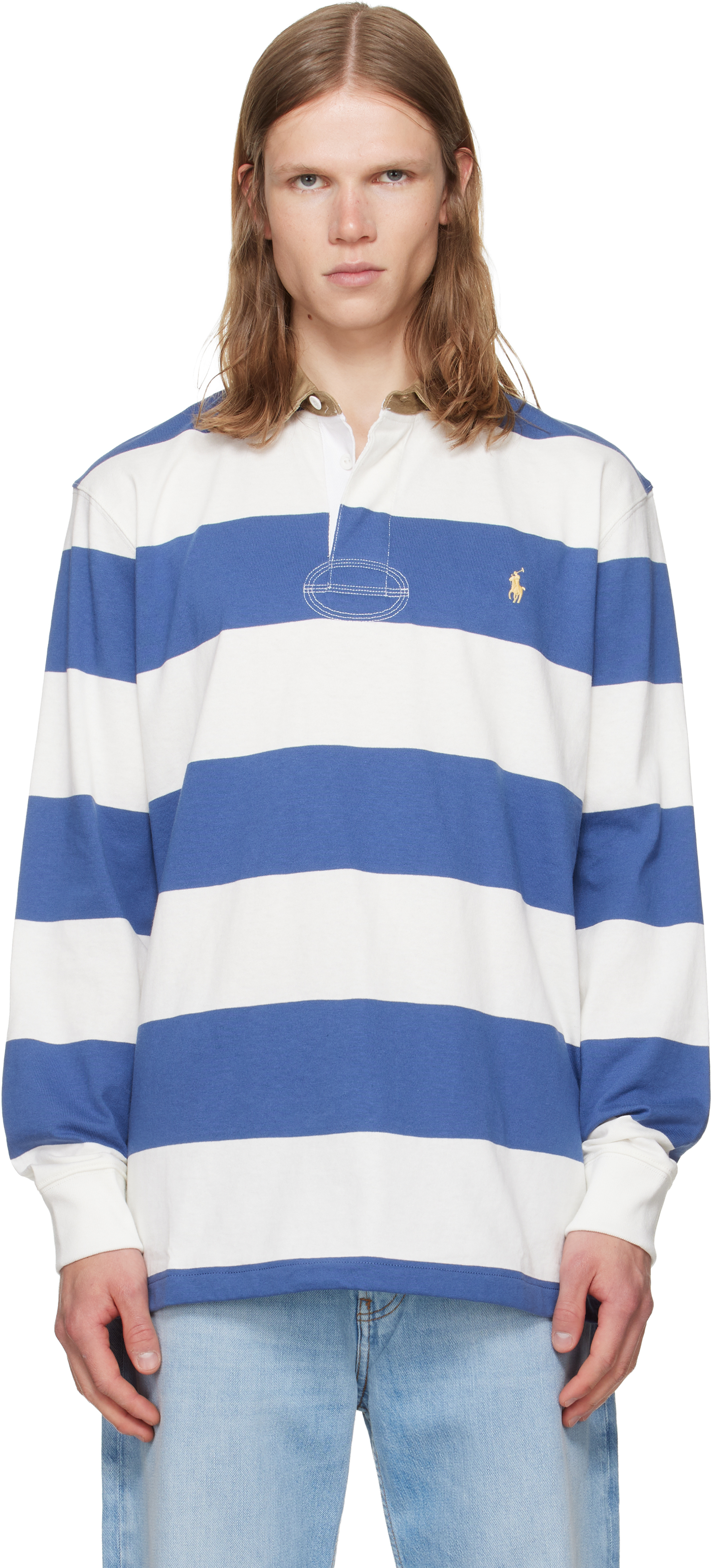 Polo Ralph Lauren: White & Navy Classic Fit Khaki-Collar Rugby