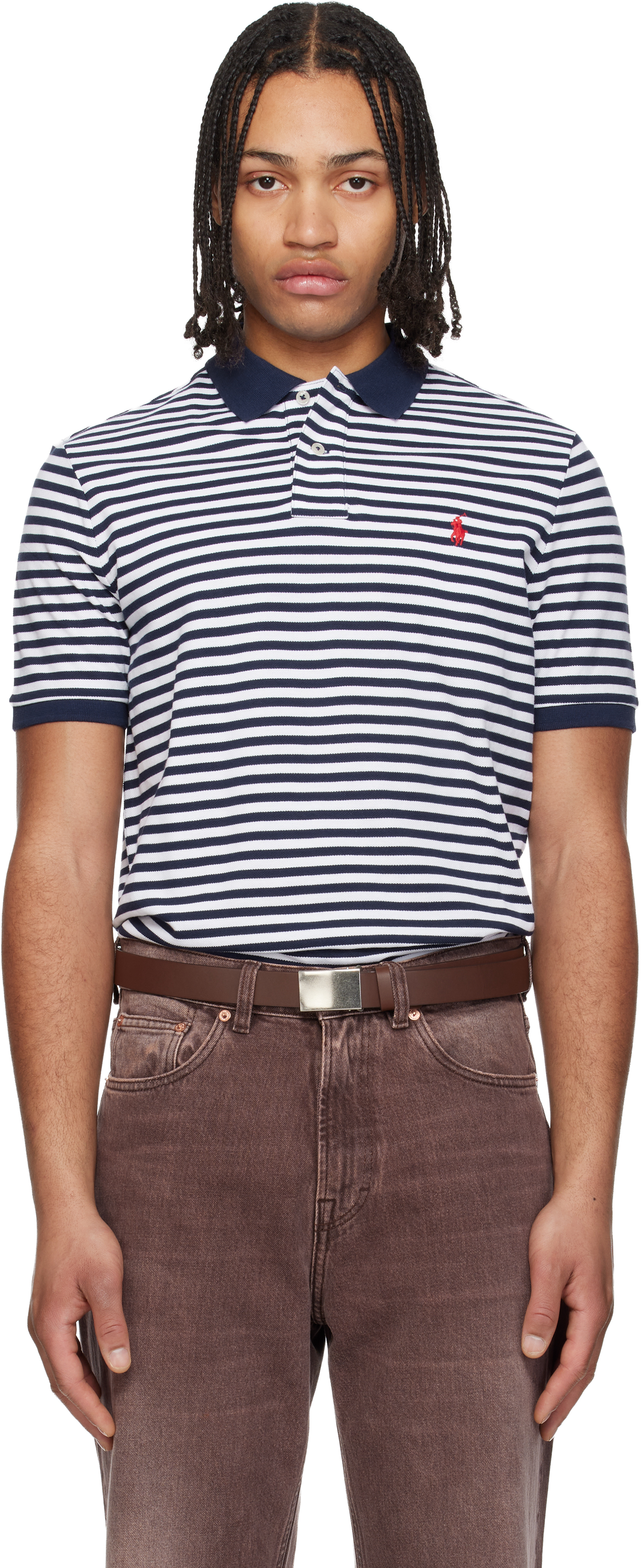 Navy & White Classic Fit Striped Mesh Polo