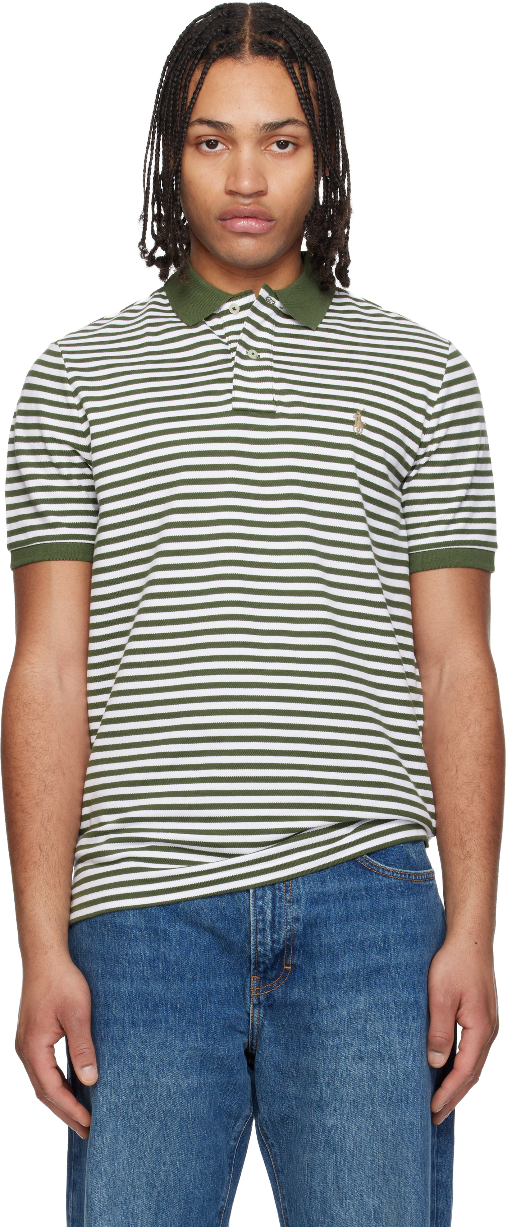 Khaki & White Classic Fit Striped Mesh Polo