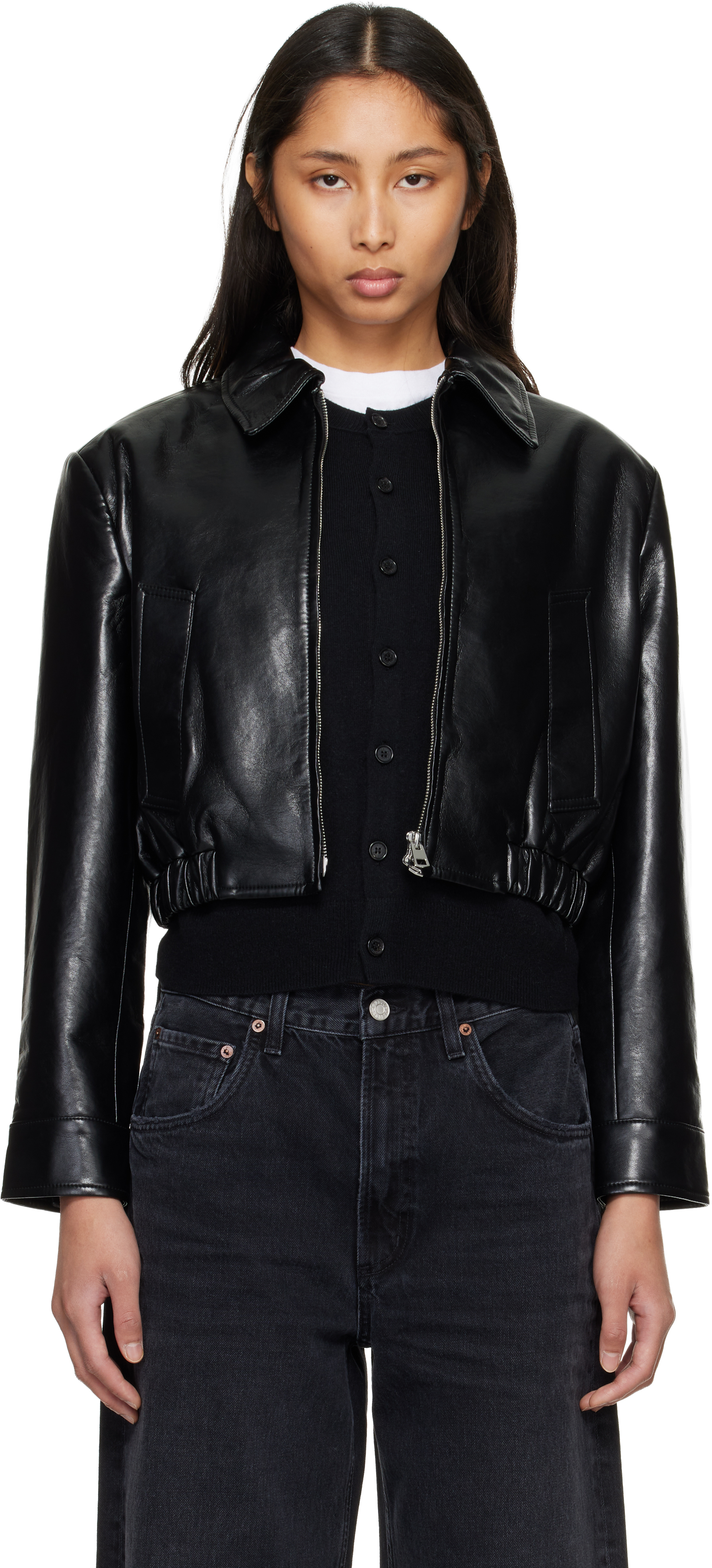 Black Nahla Cropped Recycled Leather Jacket by AGOLDE on Sale