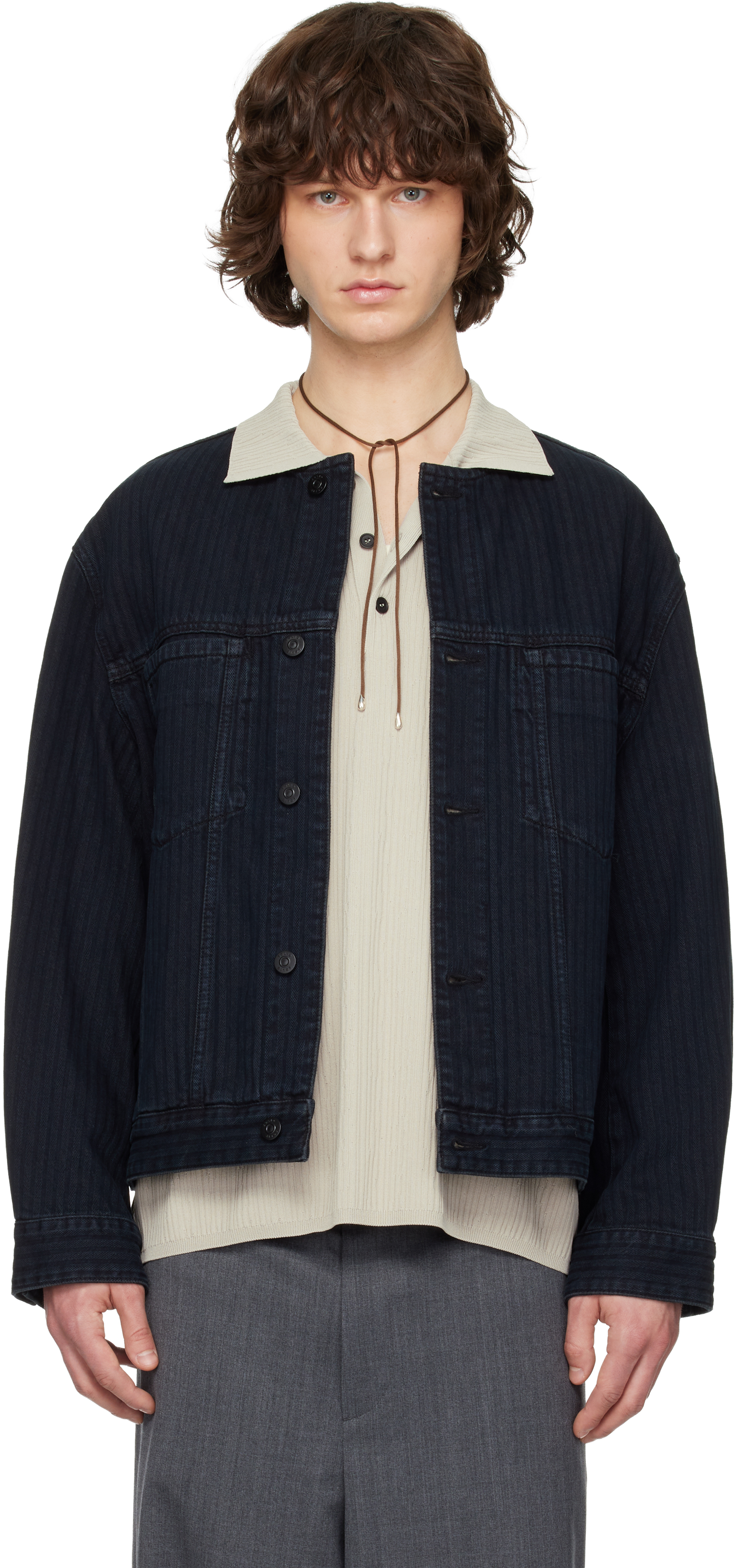 Solid Homme: Black Collarless Denim Trucker Jacket | SSENSE