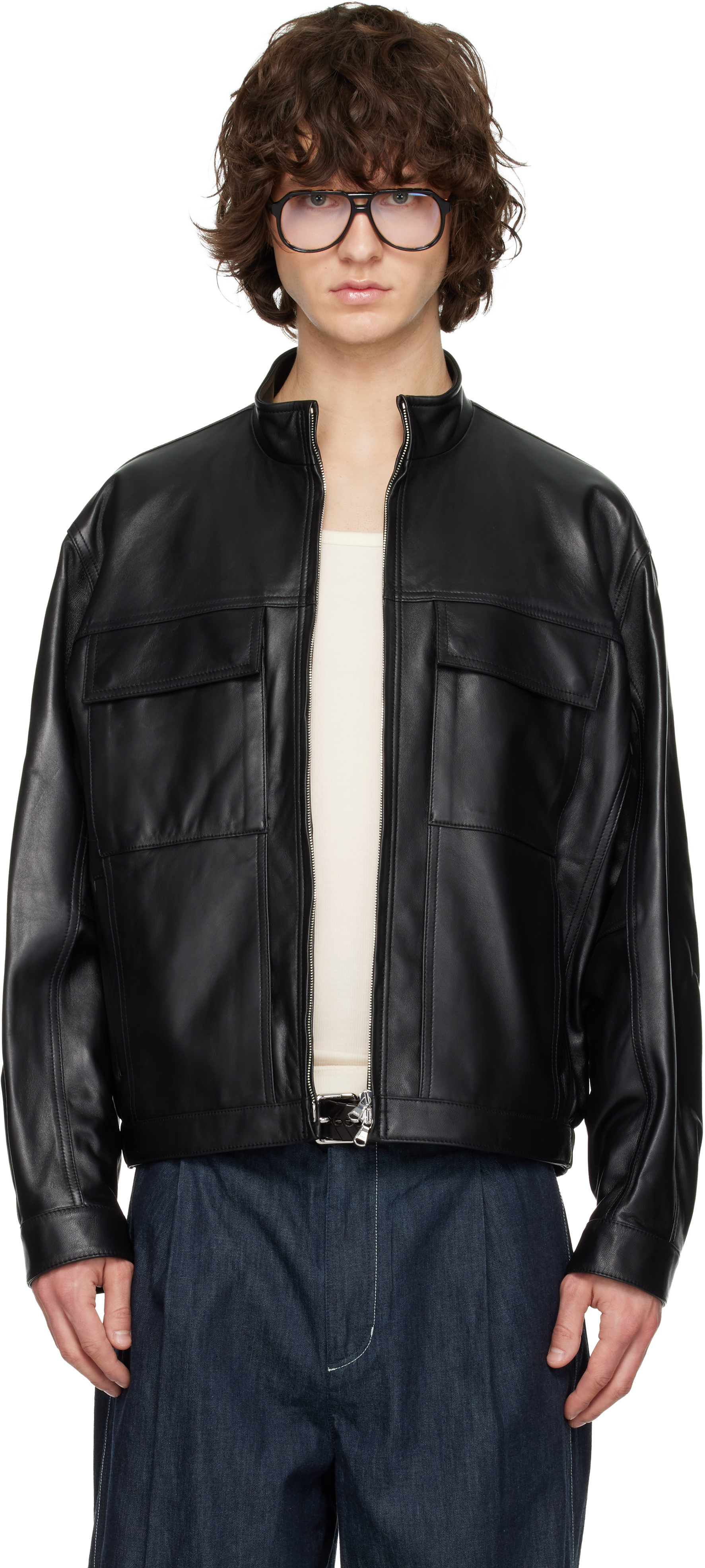 Black High-Neck Two-Pocket Leather Jacket by Solid Homme on Sale
