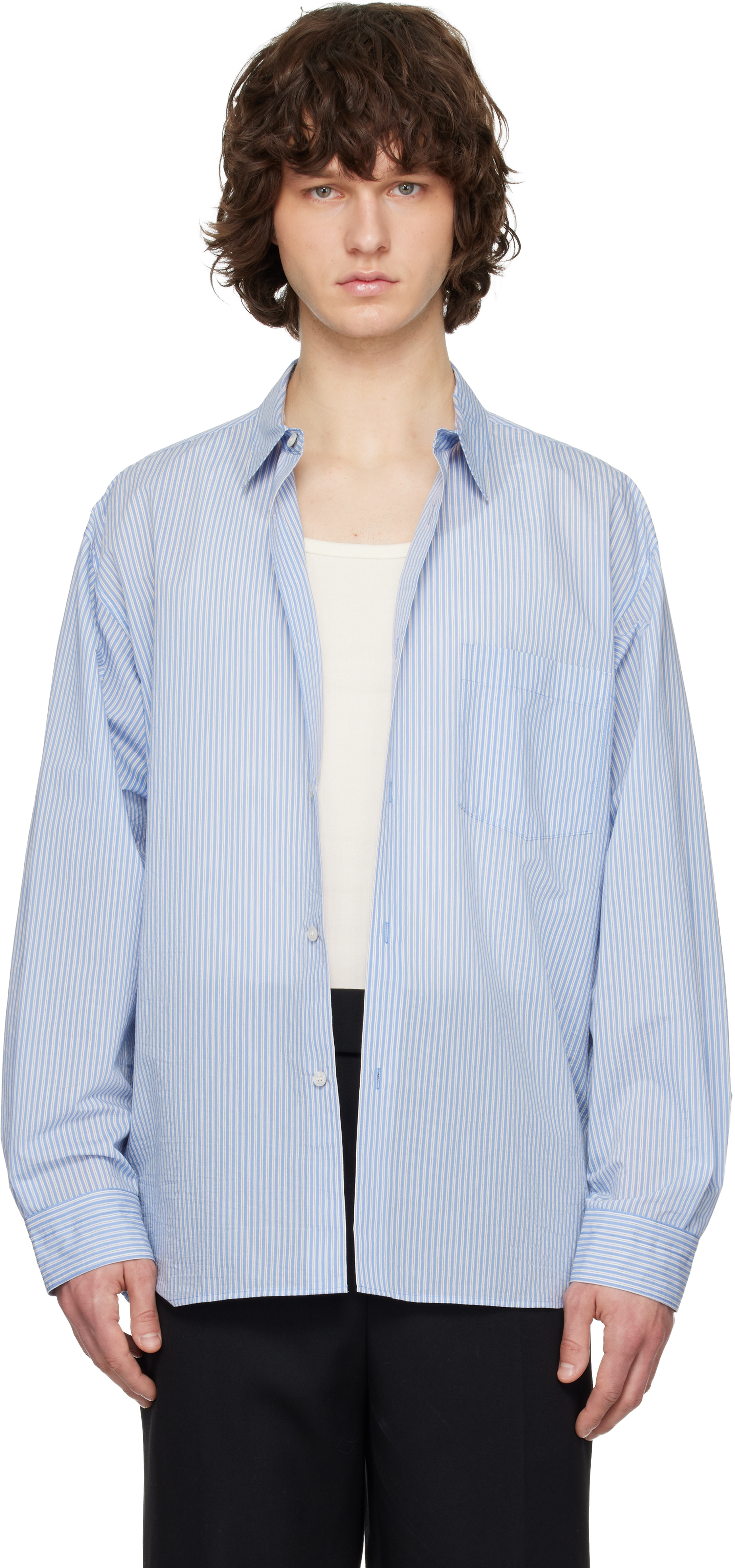 Solid Homme Blue Cotton Nylon Stripe Shirt