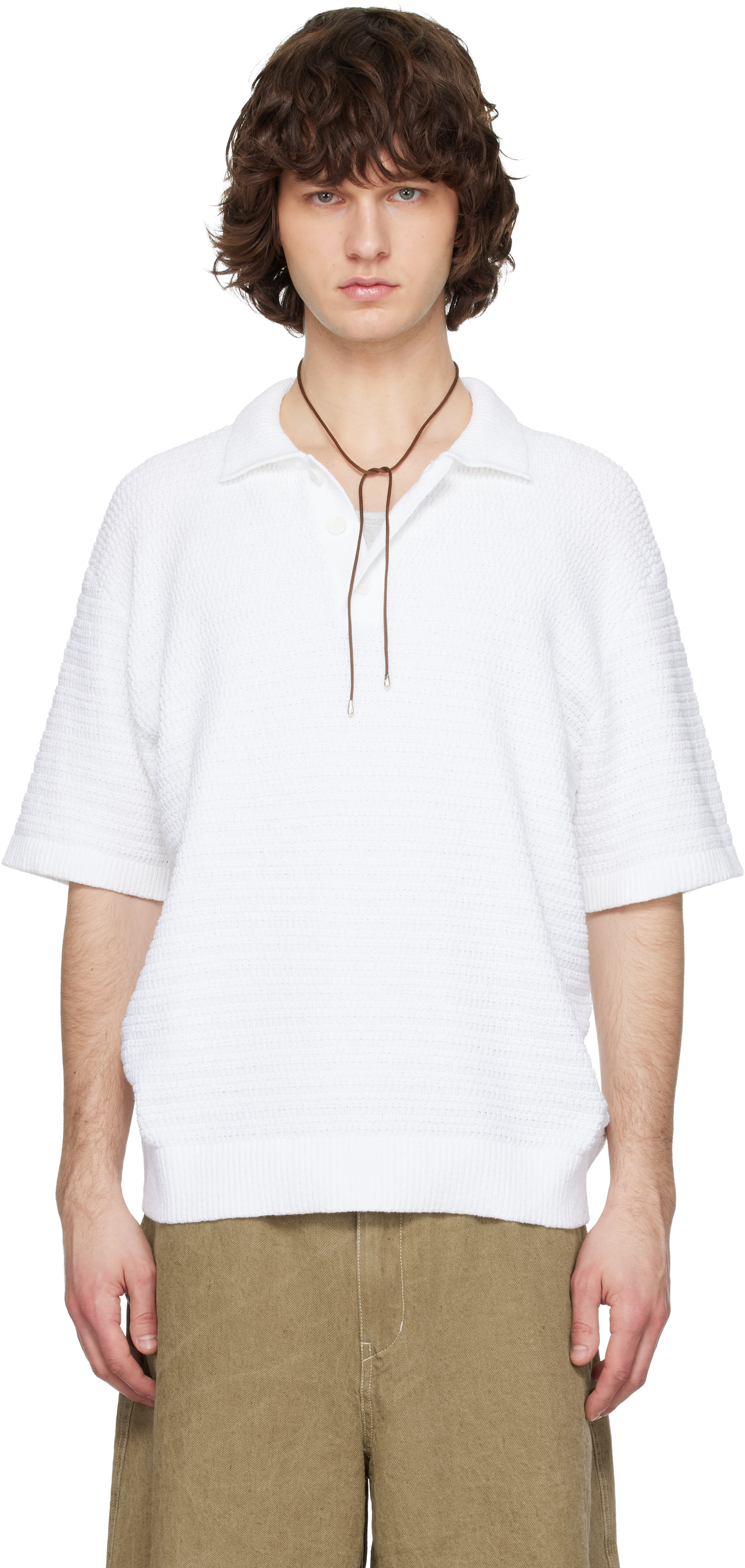 tetsu　secondlayer ニットポロシャツ Solid Homme: ホワイト テクスチャード ニットポロシャツ | SSENSE 日本