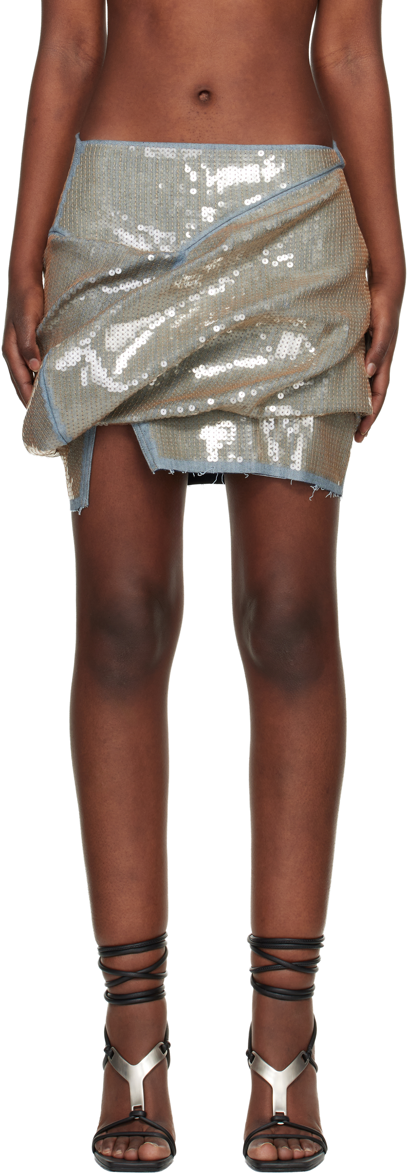 Blue & Beige Temple Draped Denim Miniskirt