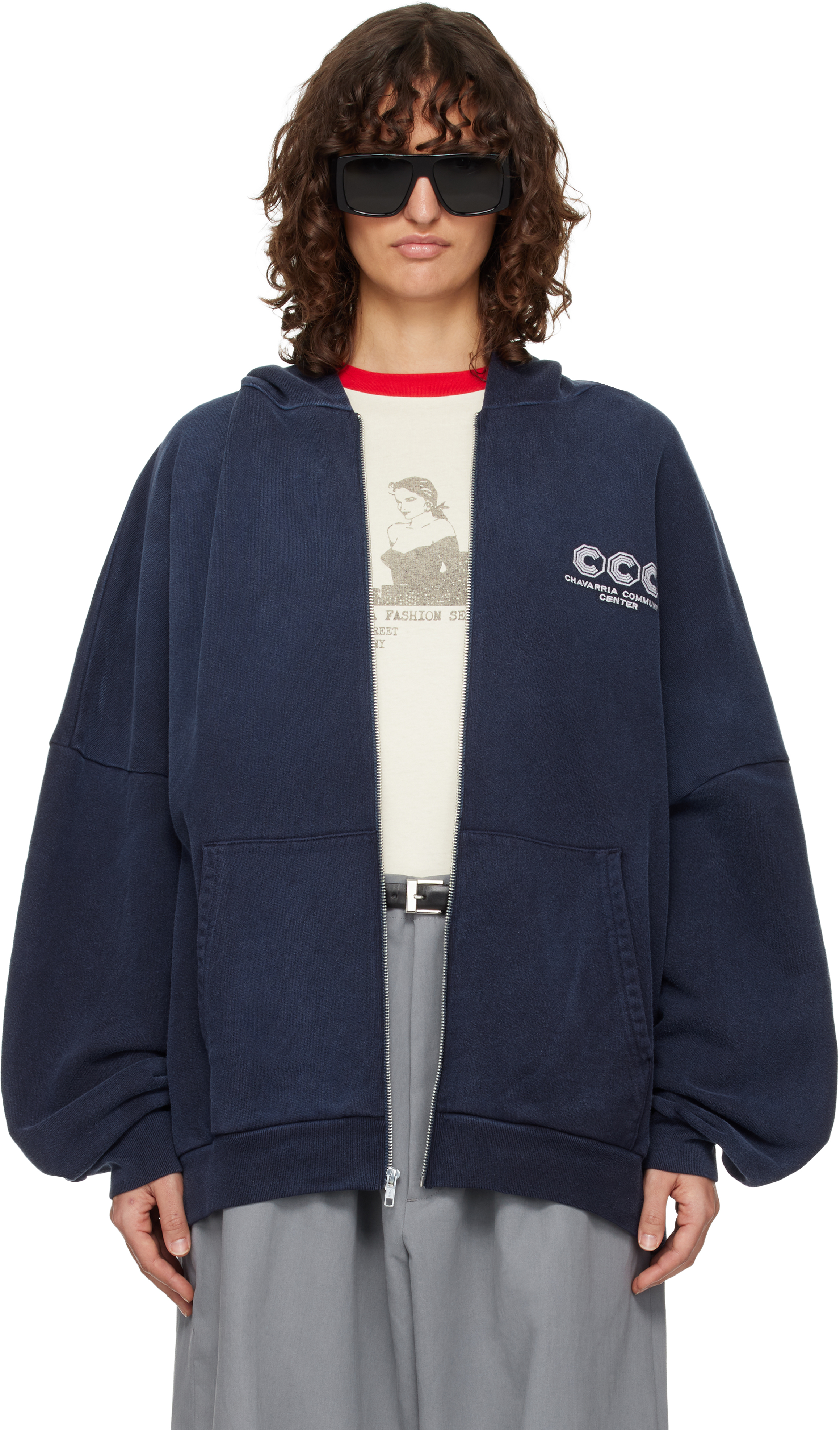 トップス WILLY CHAVARRIA HOOLIGAN CREW NAVY WILLY CHAVARRIA: Navy 'CCC' Hooligan Zip Through Hoodie | SSENSE