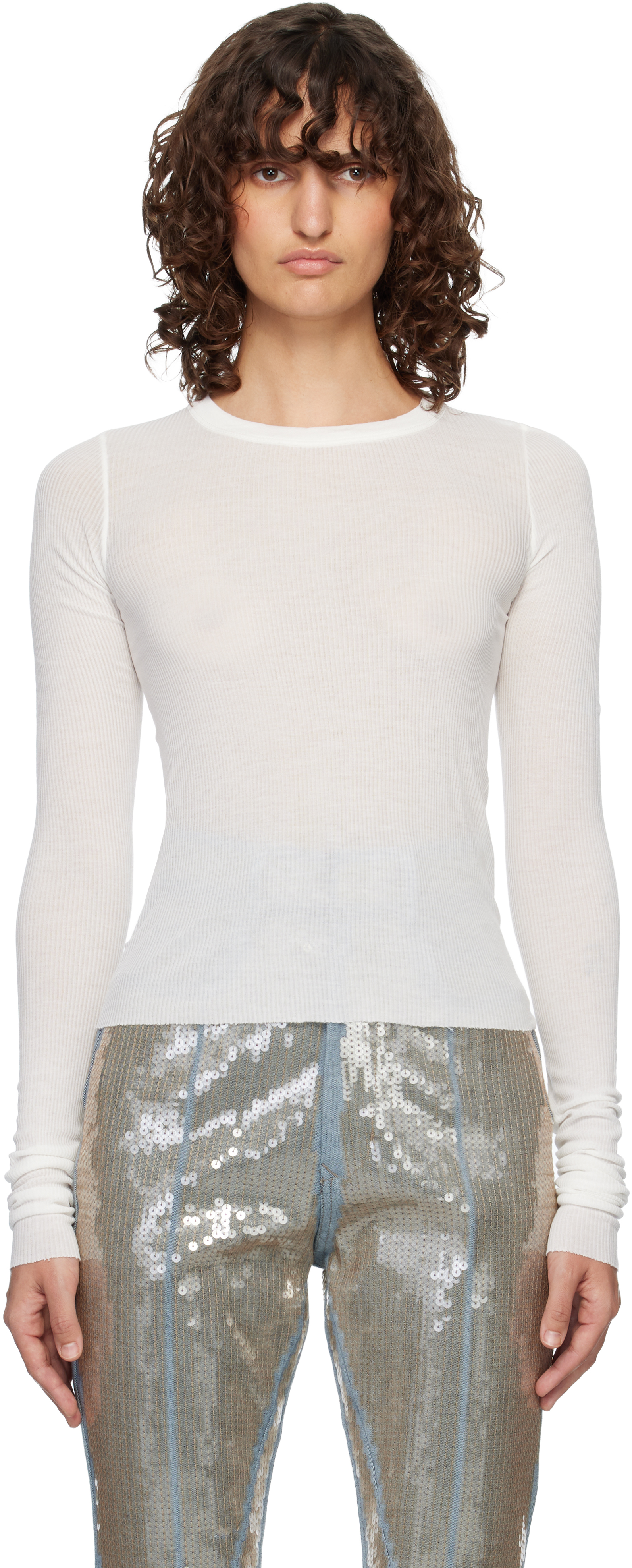Rick Owens: Off-White Temple Cropped Rib LS T-shirt | SSENSE
