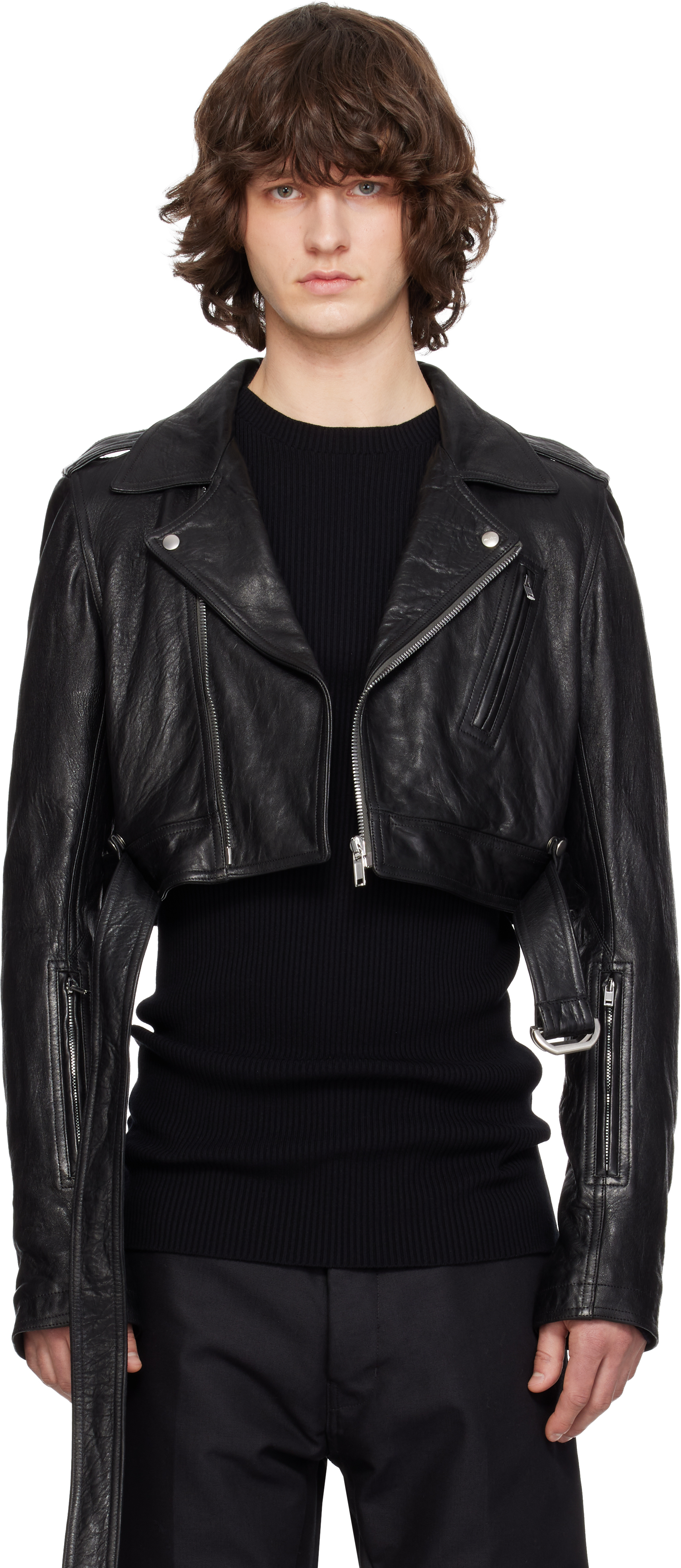 リックオウエンス　Lukes stooges Rick Owens: Black Temple Cropped Luke's Stooges Leather Jacket