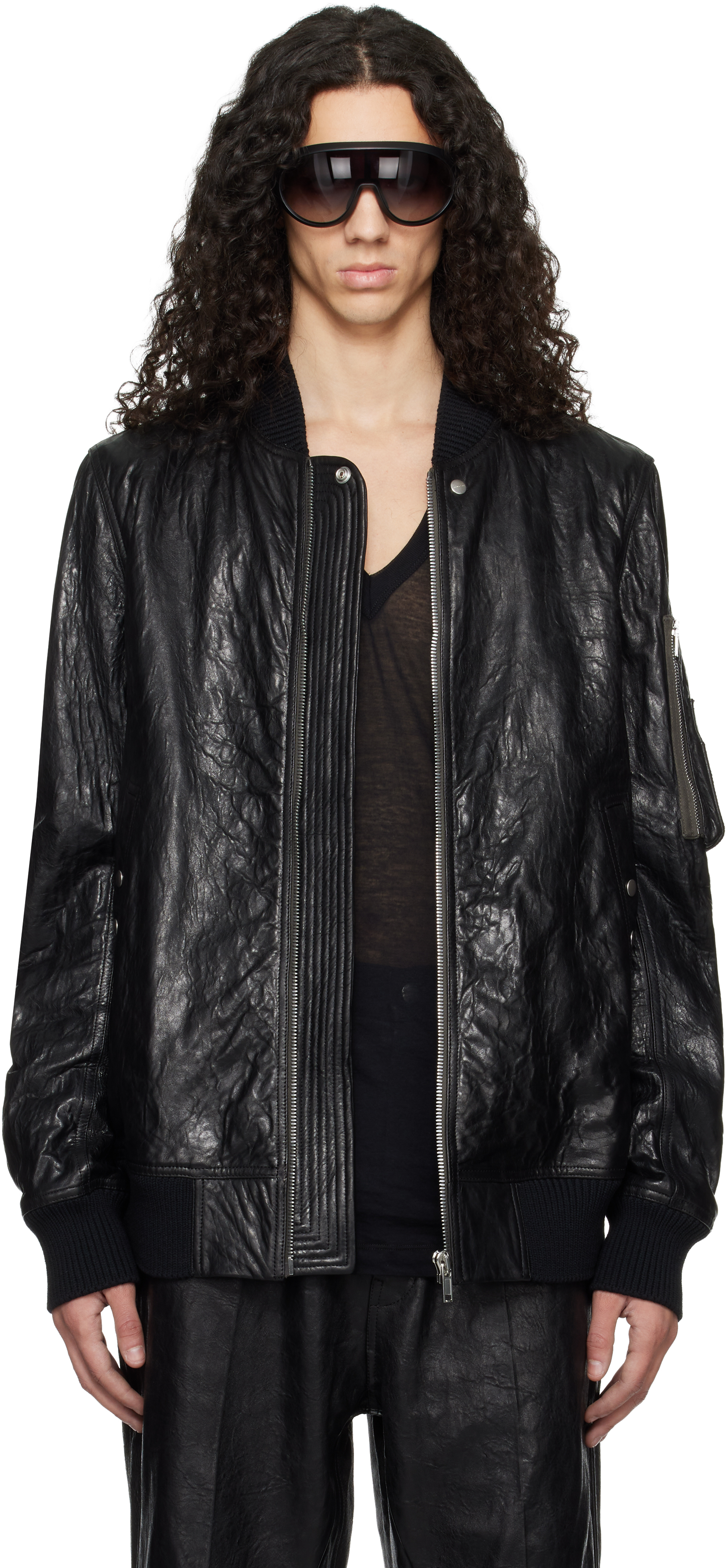 Rick Owens: Black Temple Classic Flight Leather Jacket | SSENSE