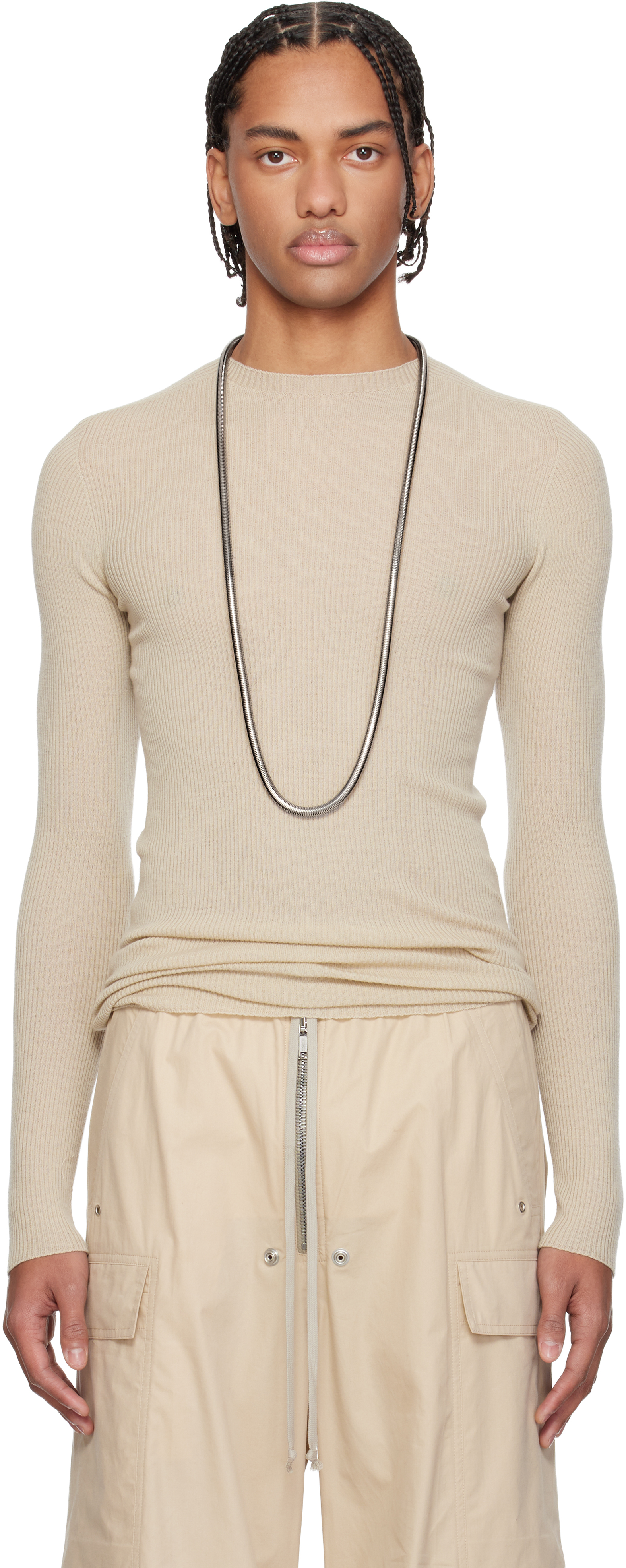 Rick Owens: オフホワイト Temple リブ ラウンドネック セーター