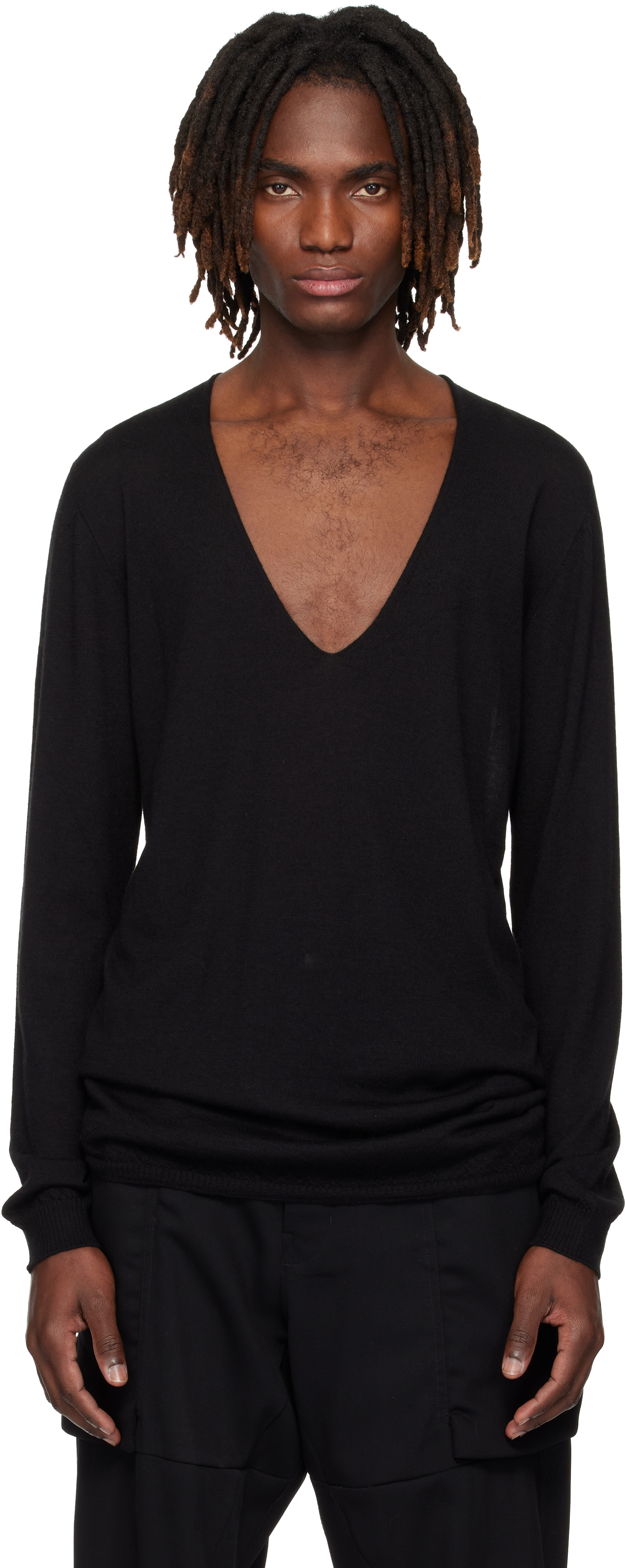 Rick Owens: Black Temple Oversize Extreme V Neck Sweater | SSENSE