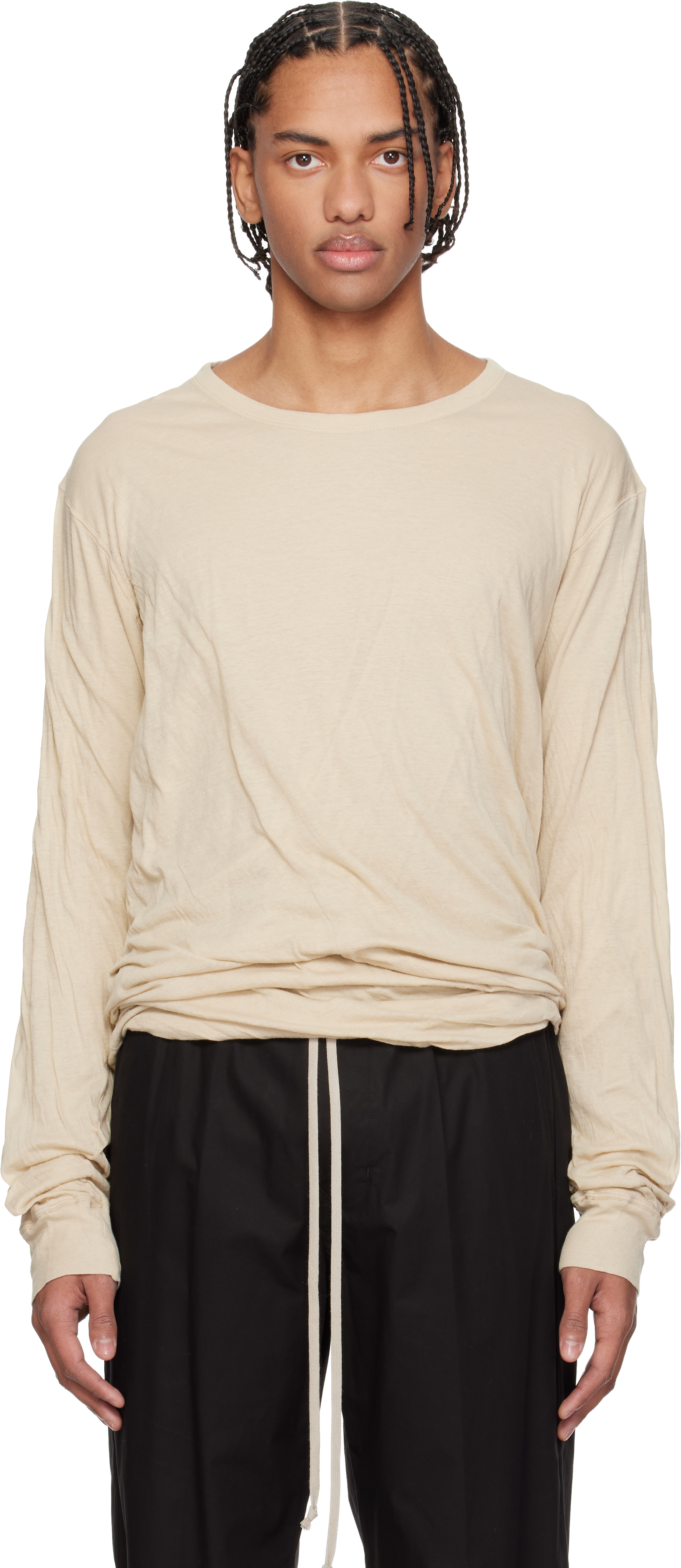 Rick Owens: オフホワイト Temple Jumbo Double 長袖Tシャツ | SSENSE 日本