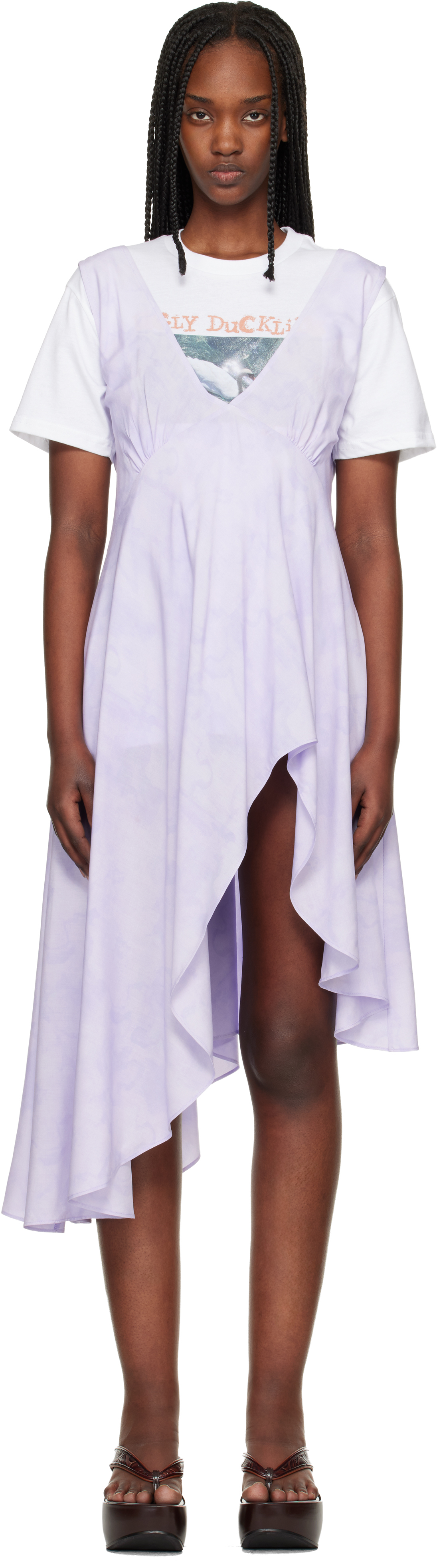 Collina Strada Purple Lilac Floral Scribble Tulip Midi Dress