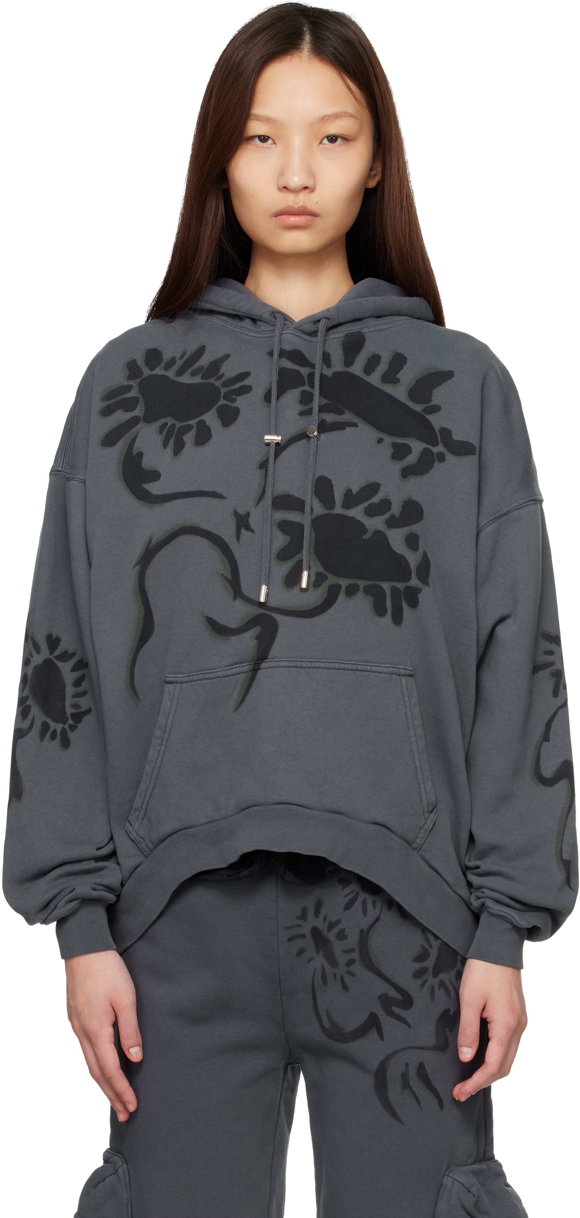 Gray 'Charcoal Daisies' Round Hem Hoodie by Collina Strada on Sale