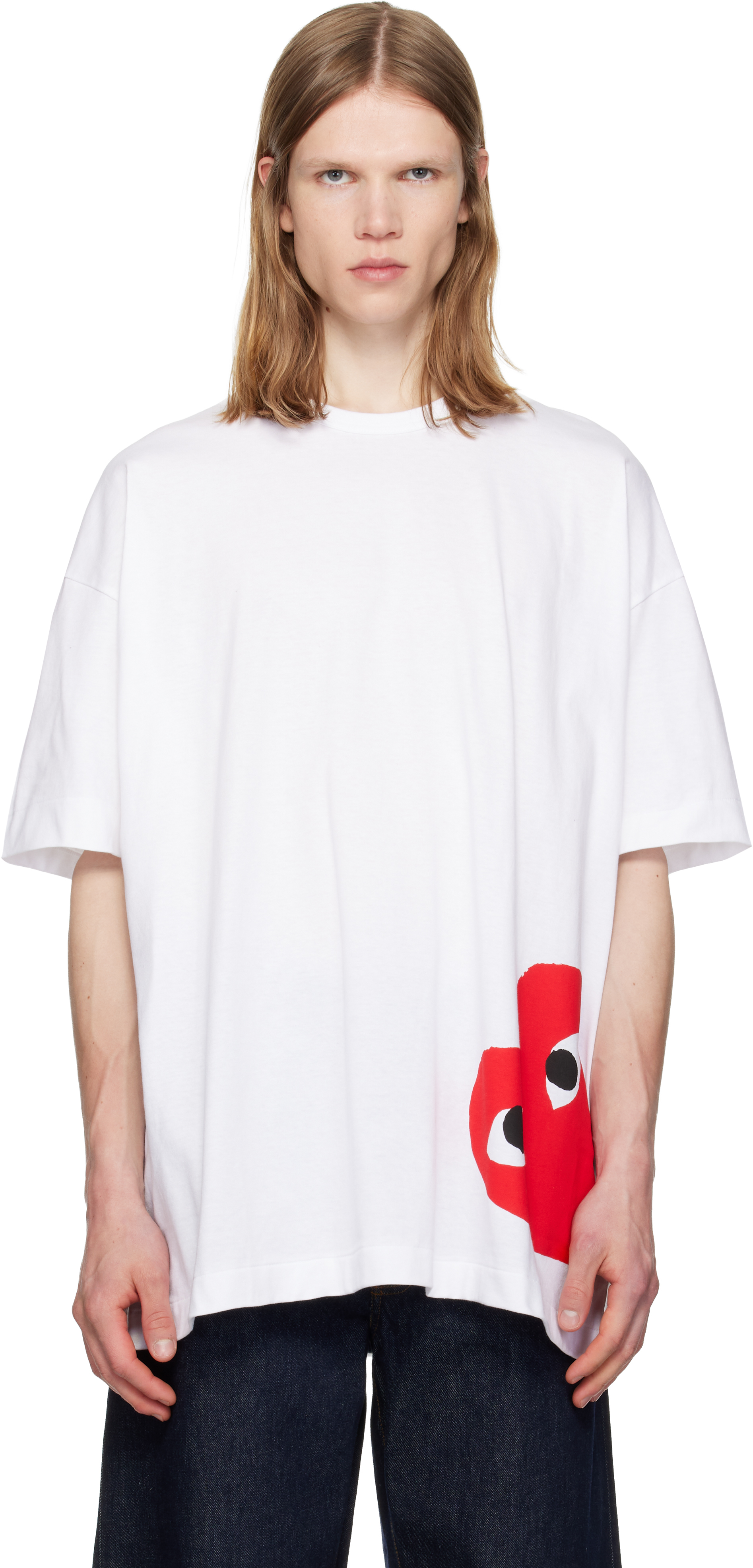 COMME des GARÇONS PLAY: White 'Oversized Red Corner Heart' T-shirt