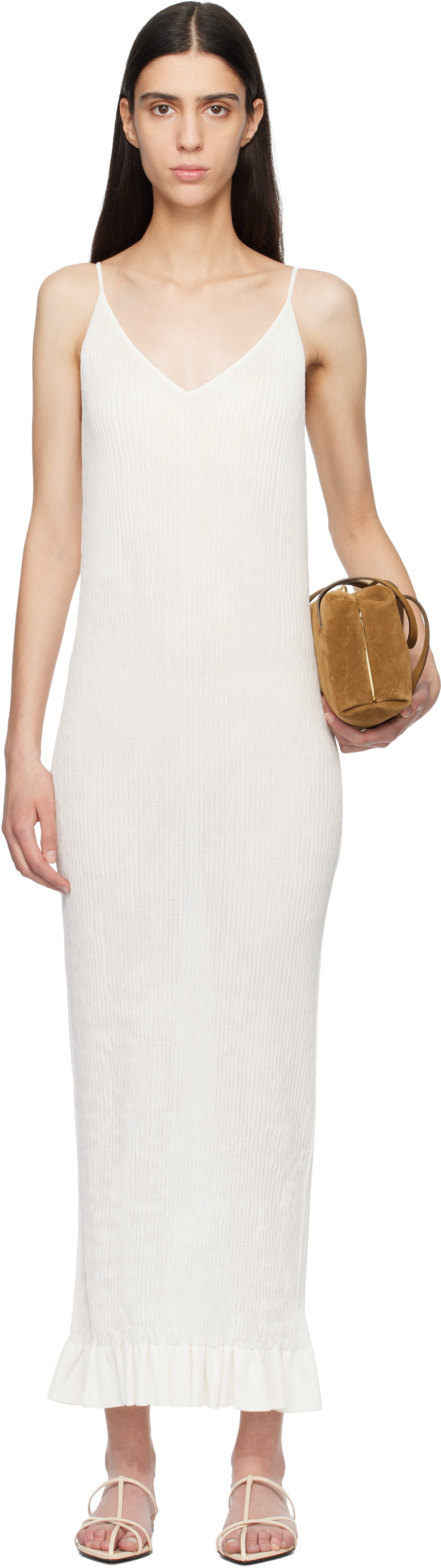 Jil Sander: オフホワイト Smocked Fine Rib Frill Detail マキシ