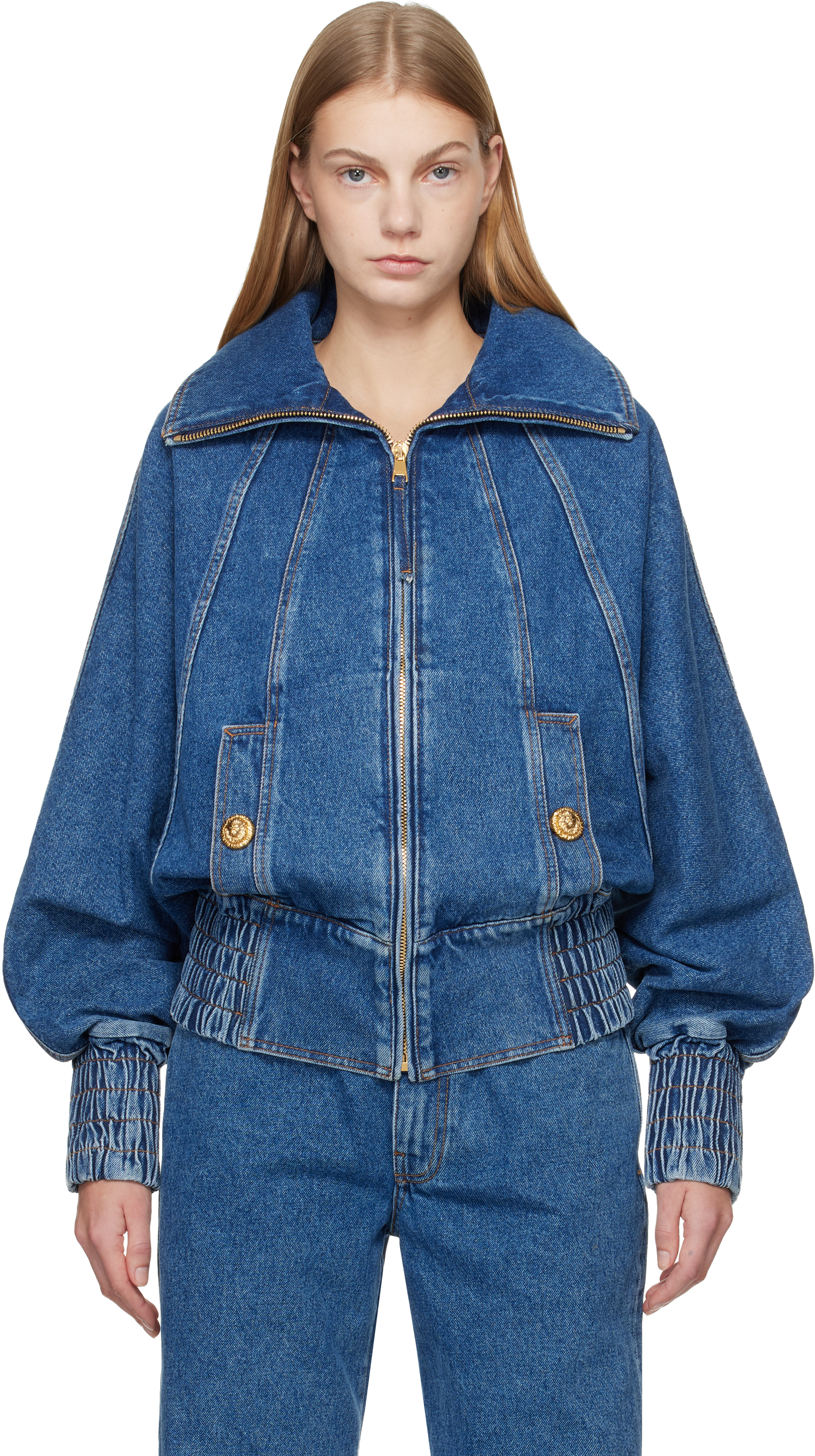 Balmain Blue Zipped Denim Bomber Jacket