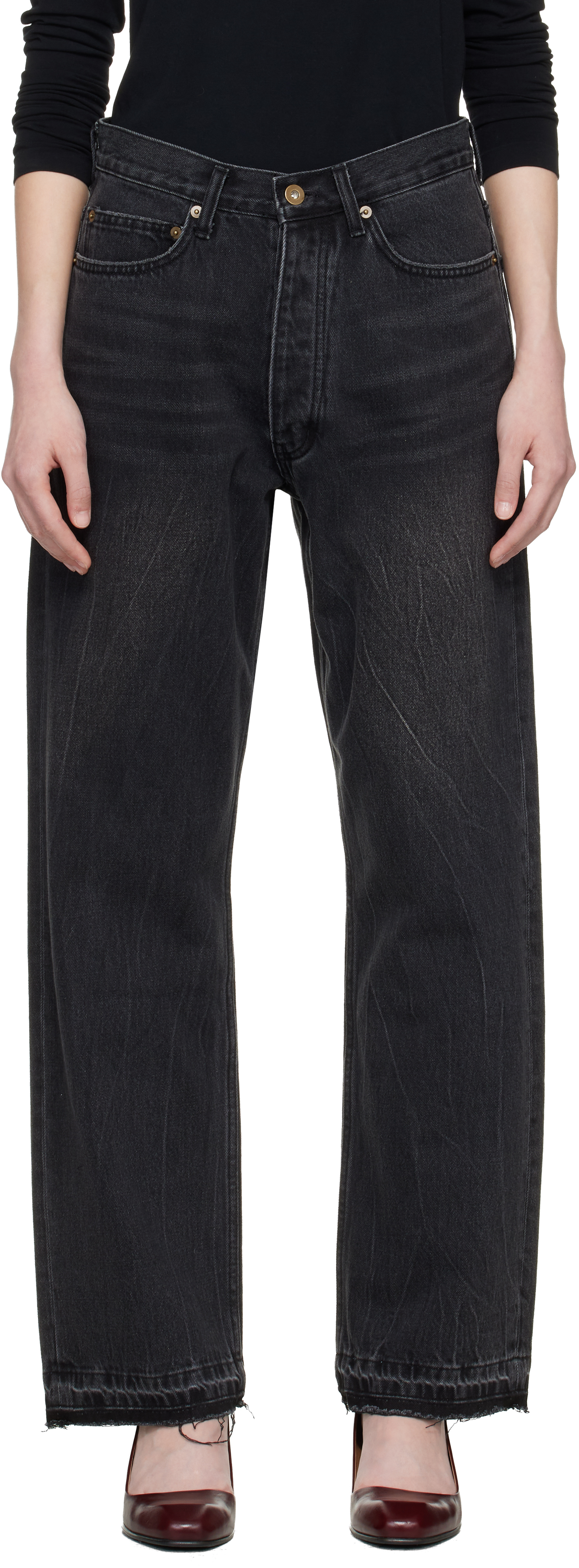 TONYWACK: Black Frayed Hem Loose Straight Denim Jeans | SSENSE