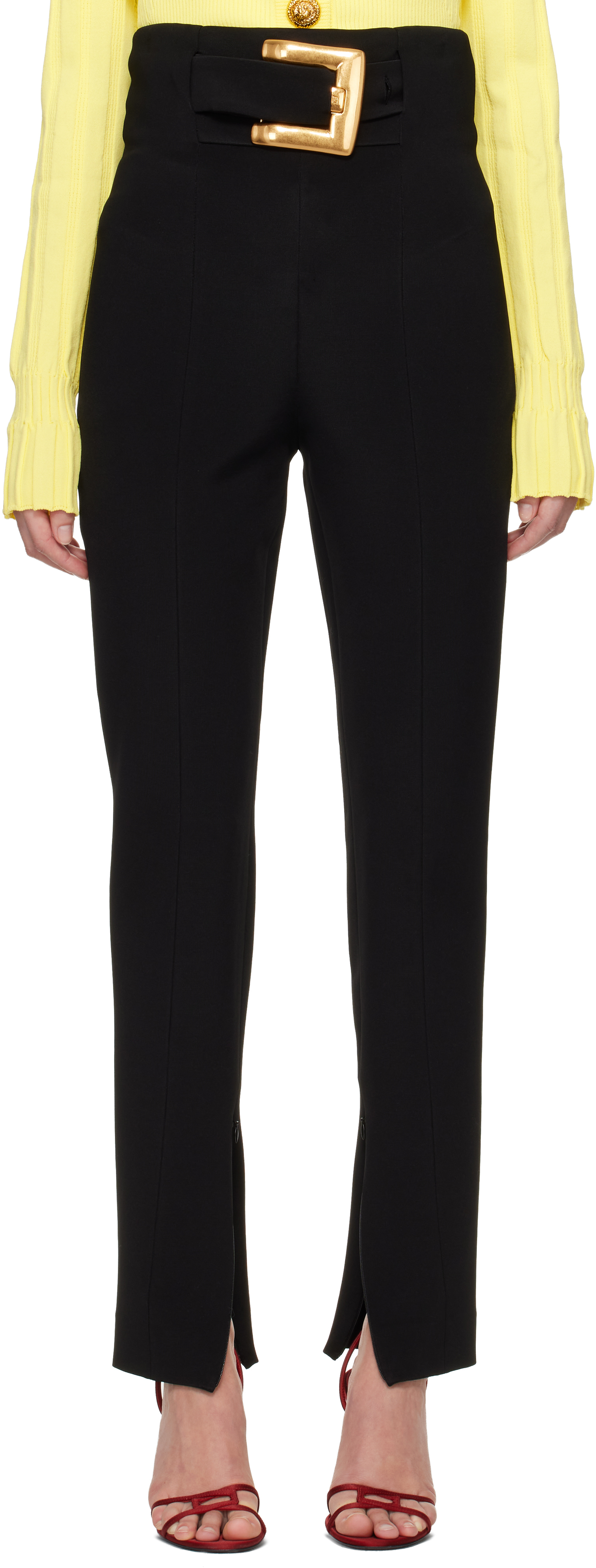 BALMAIN: Black Stretch Belt Trousers | SSENSE