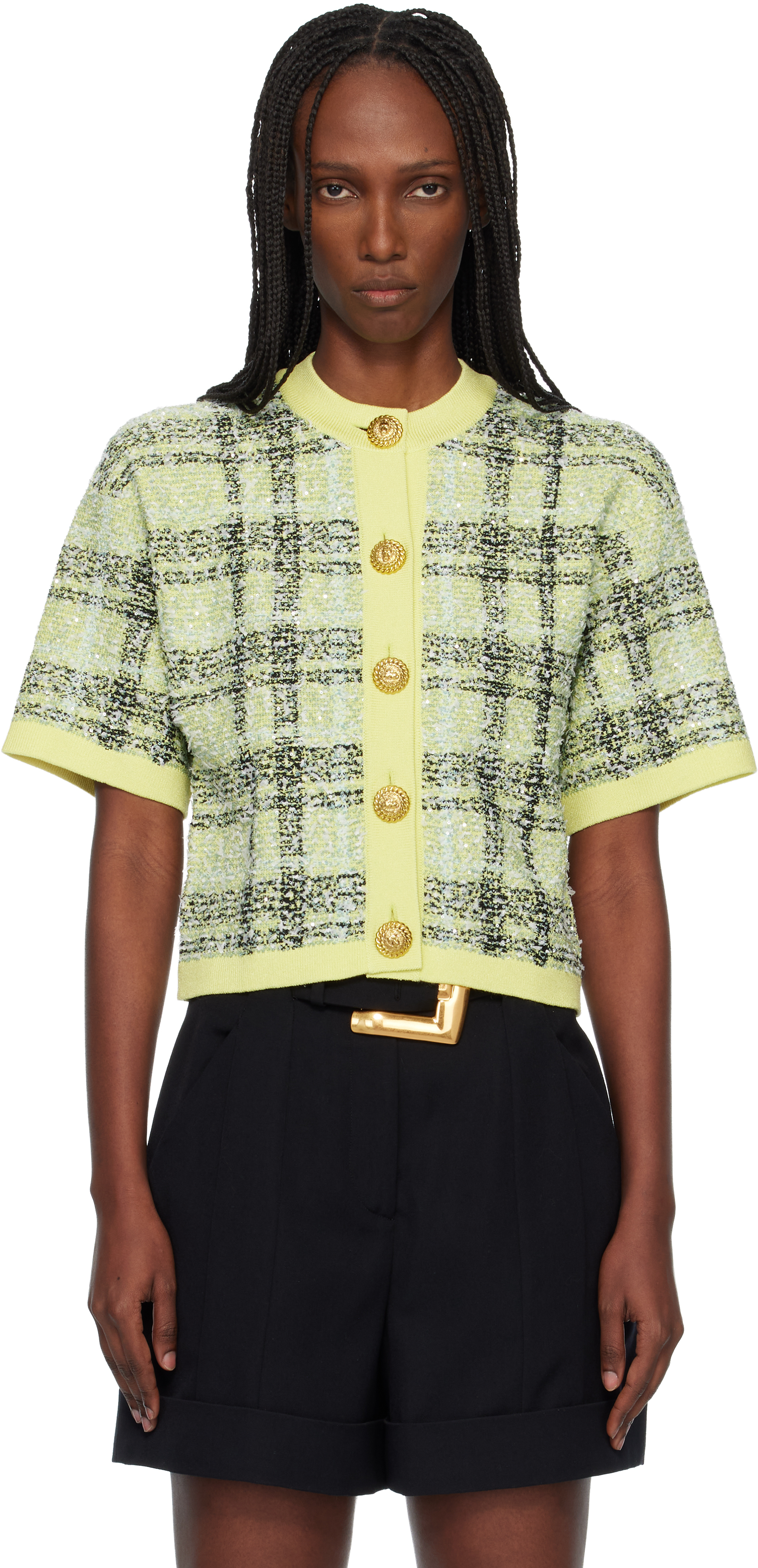 BALMAIN: Yellow Buttoned Shiny Light Tweed Cardigan | SSENSE