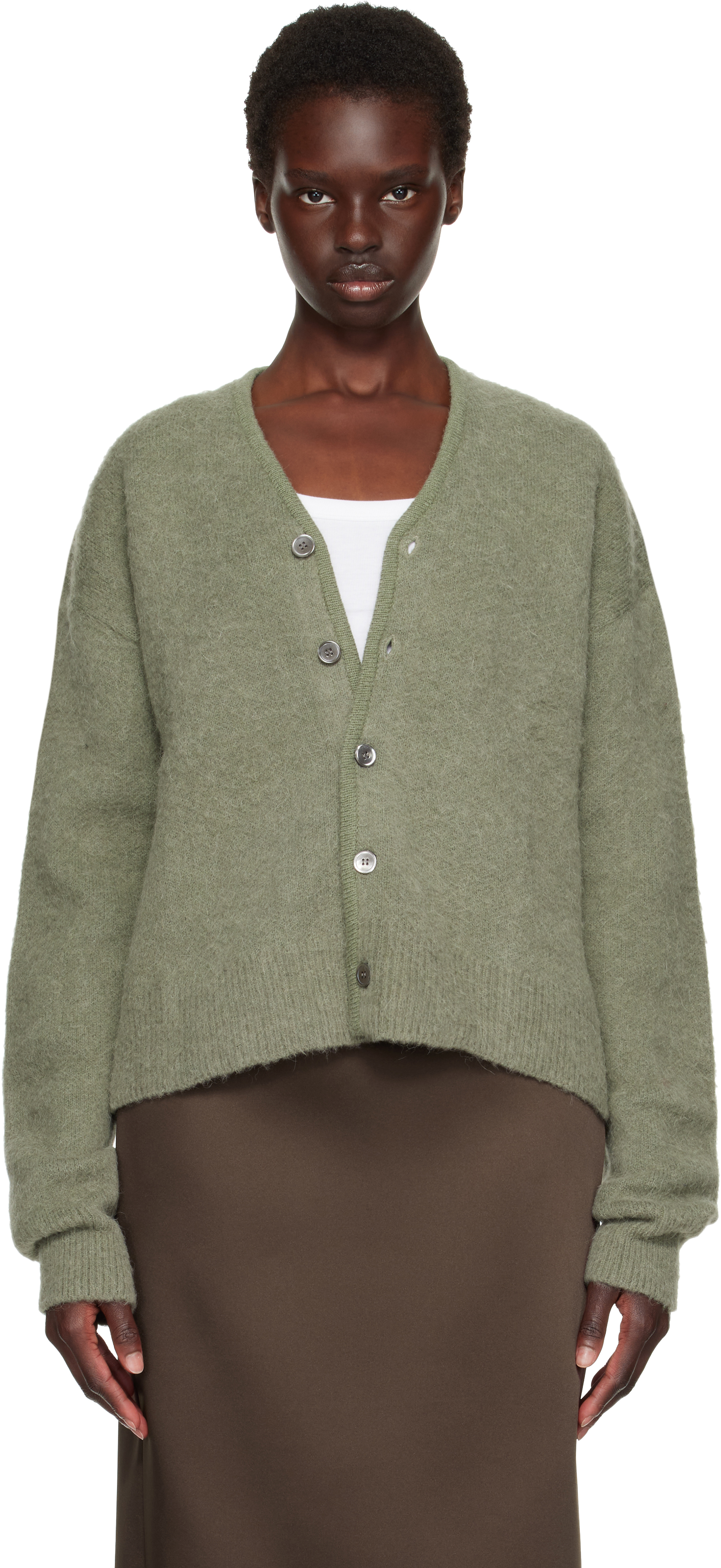 TONYWACK: Greem Brushed Mohair V-neck Cardigan | SSENSE