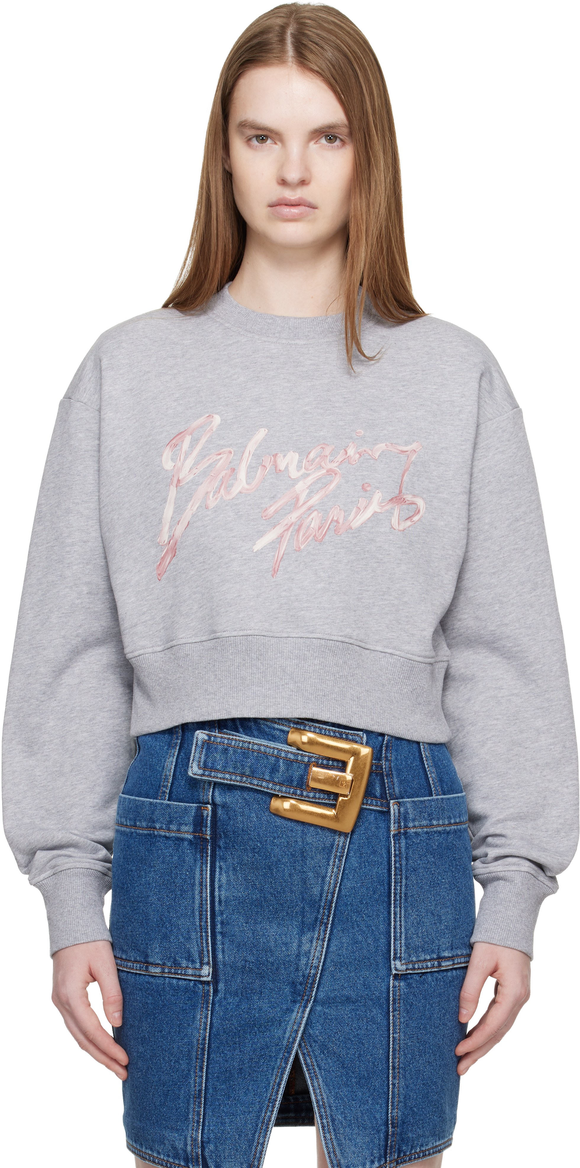 Balmain Gray Cropped Printed Cotton Sweatshirt