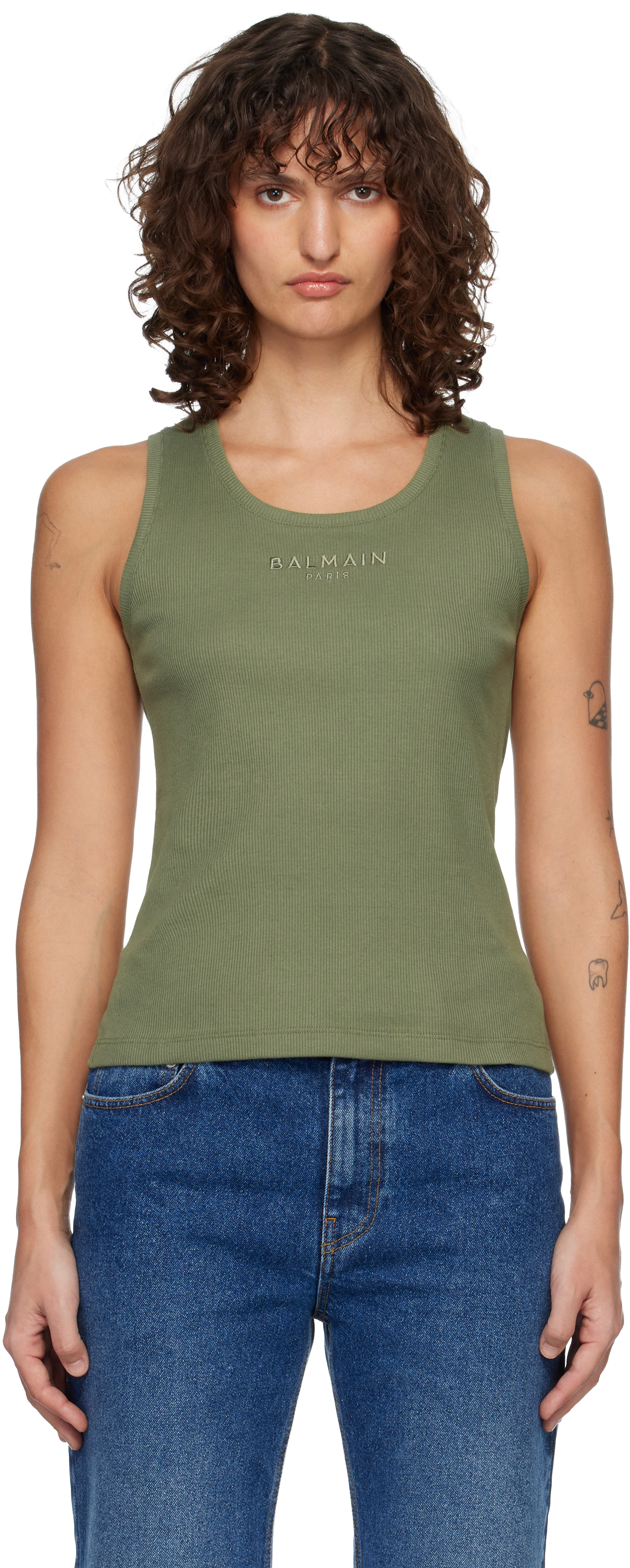 Balmain Khaki ' Paris' Jersey Tank Top
