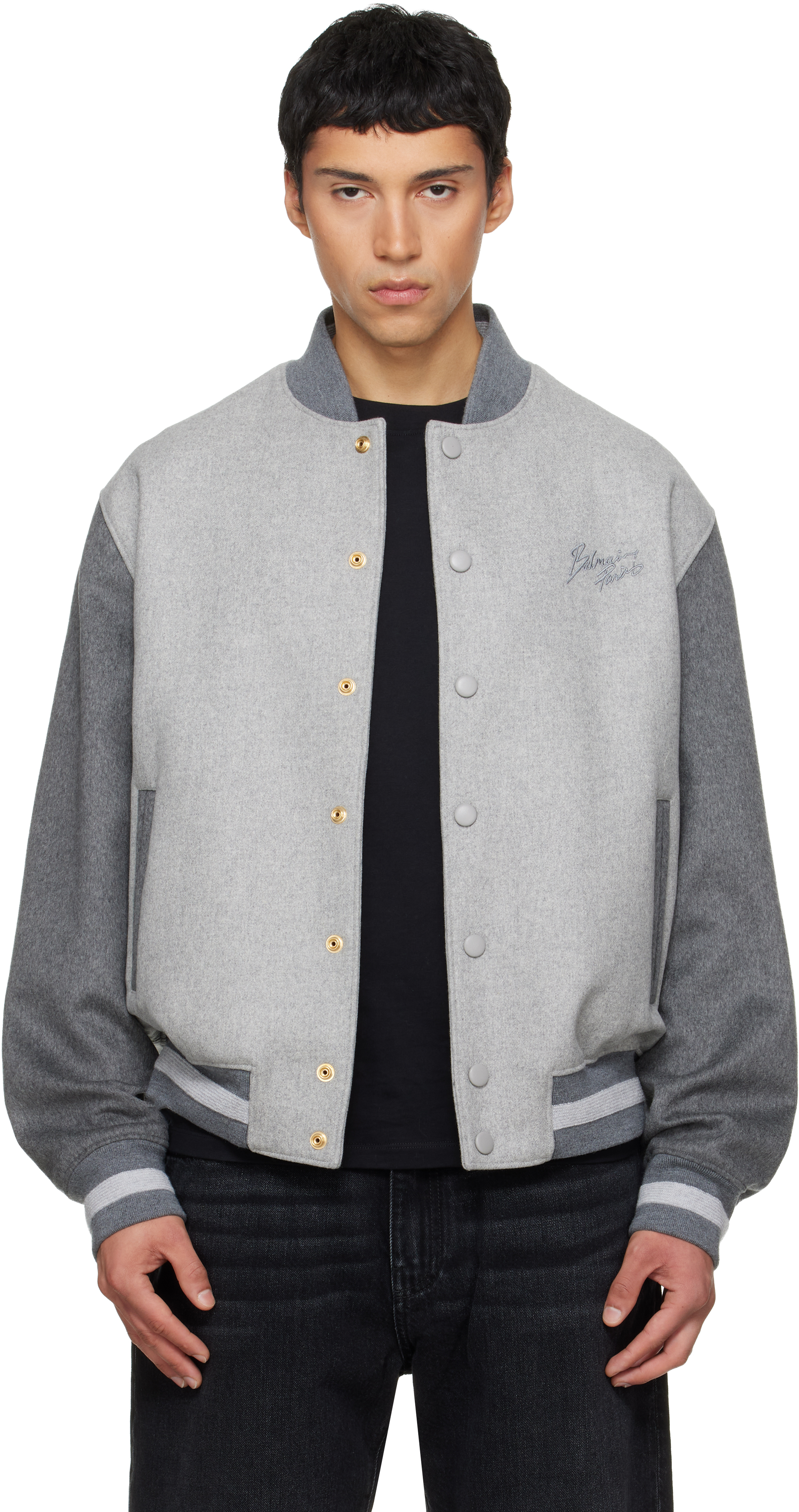 Balmain Gray Wool & Cashmere Varsity Bomber Jacket