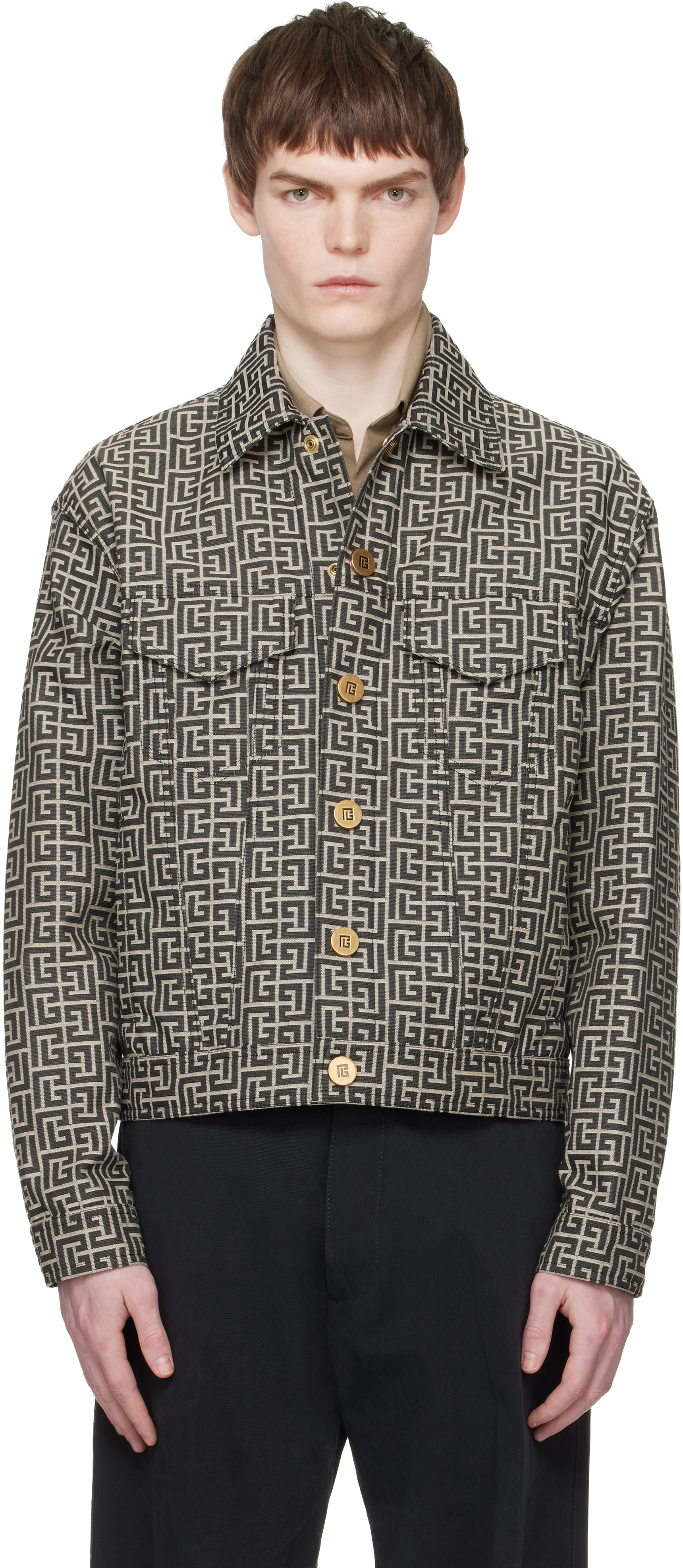 Gray & Black Monogram Jacquard Jacket by BALMAIN on Sale