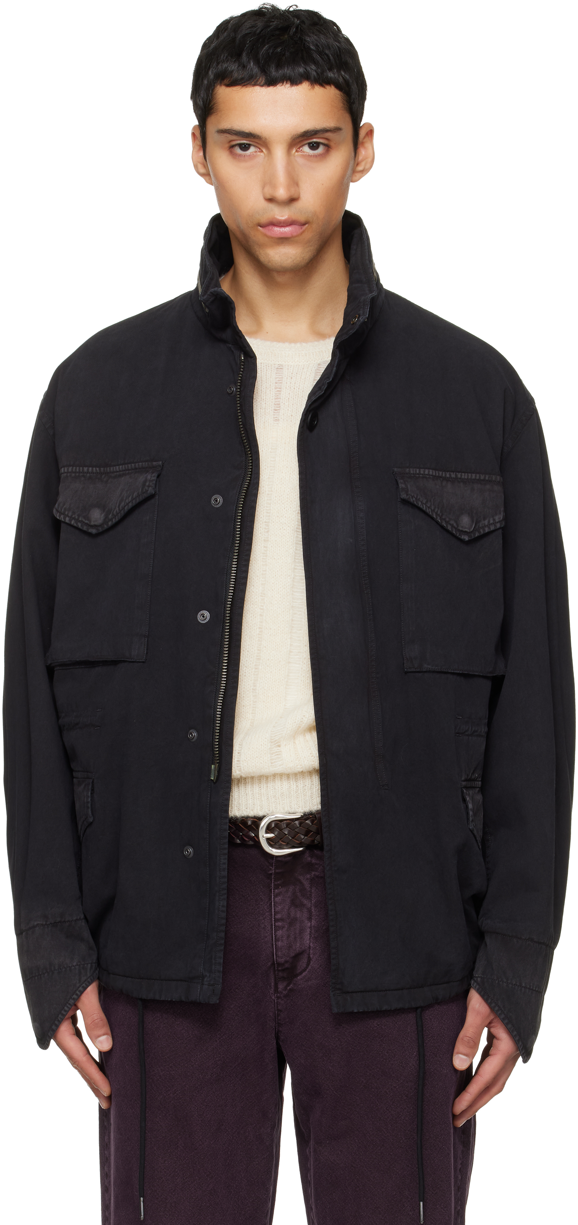 Black Garment Dyed Cotton Field Jacket by TONYWACK on Sale