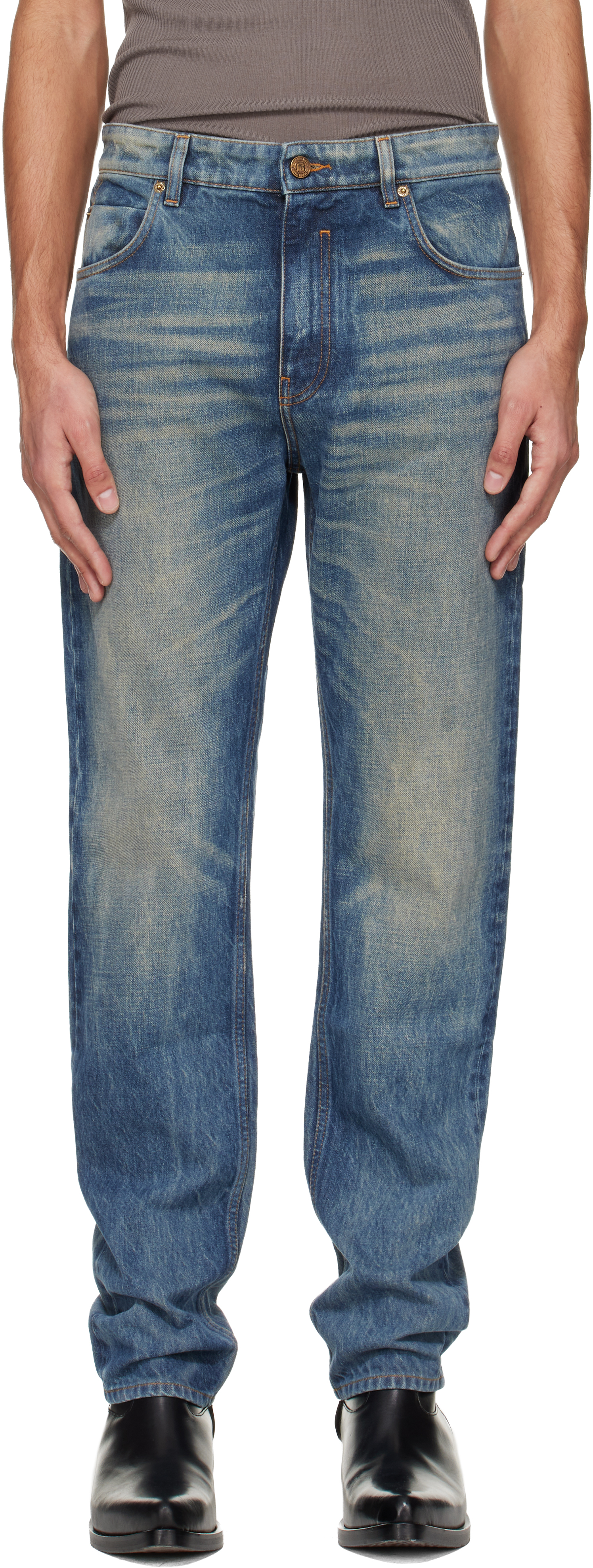 BALMAIN: Blue Straight-Cut Jeans | SSENSE Canada